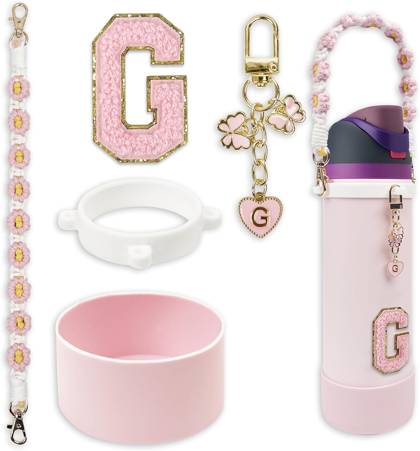 SITKOL Silicone Boot Cute Monogram Set Compatible with Owala Water Bottle 24 oz, 32 oz, 40 oz - Perfect Letter Owala Accessories for Owala Tumbler, Owala Free Sip, Pink Owala, Black Owala