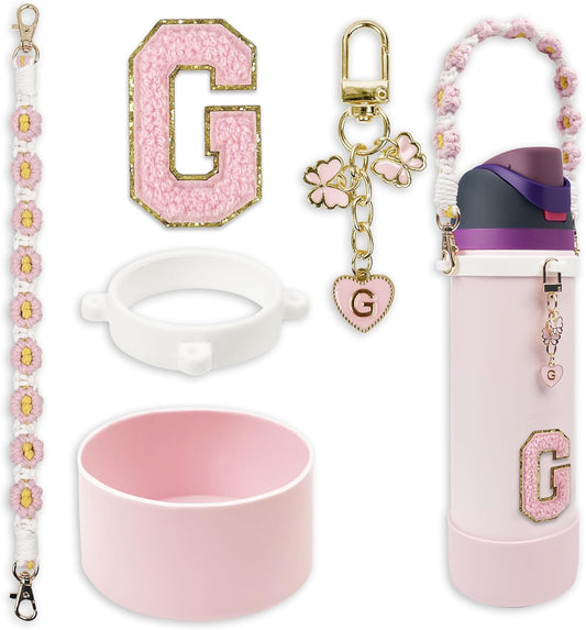 SITKOL Silicone Boot Cute Monogram Set Compatible with Owala Water Bottle 24 oz, 32 oz, 40 oz - Perfect Letter Owala Accessories for Owala Tumbler, Owala Free Sip, Pink Owala, Black Owala