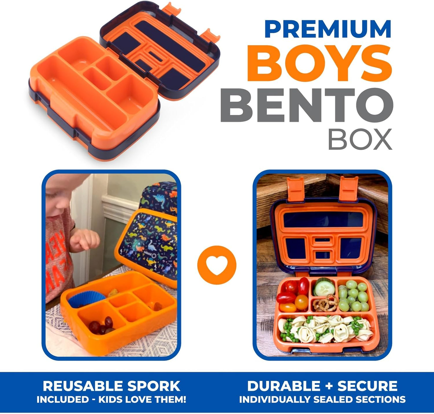 Dinosaur Bento Lunch Box for Boys Toddlers, 5 Portion Sections Secure Lid, Microwave Safe BPA Free Removable Plastic Tray, Pre-School Kid Daycare Lunches Snack Container Ages 3 to 7 Blue Orange