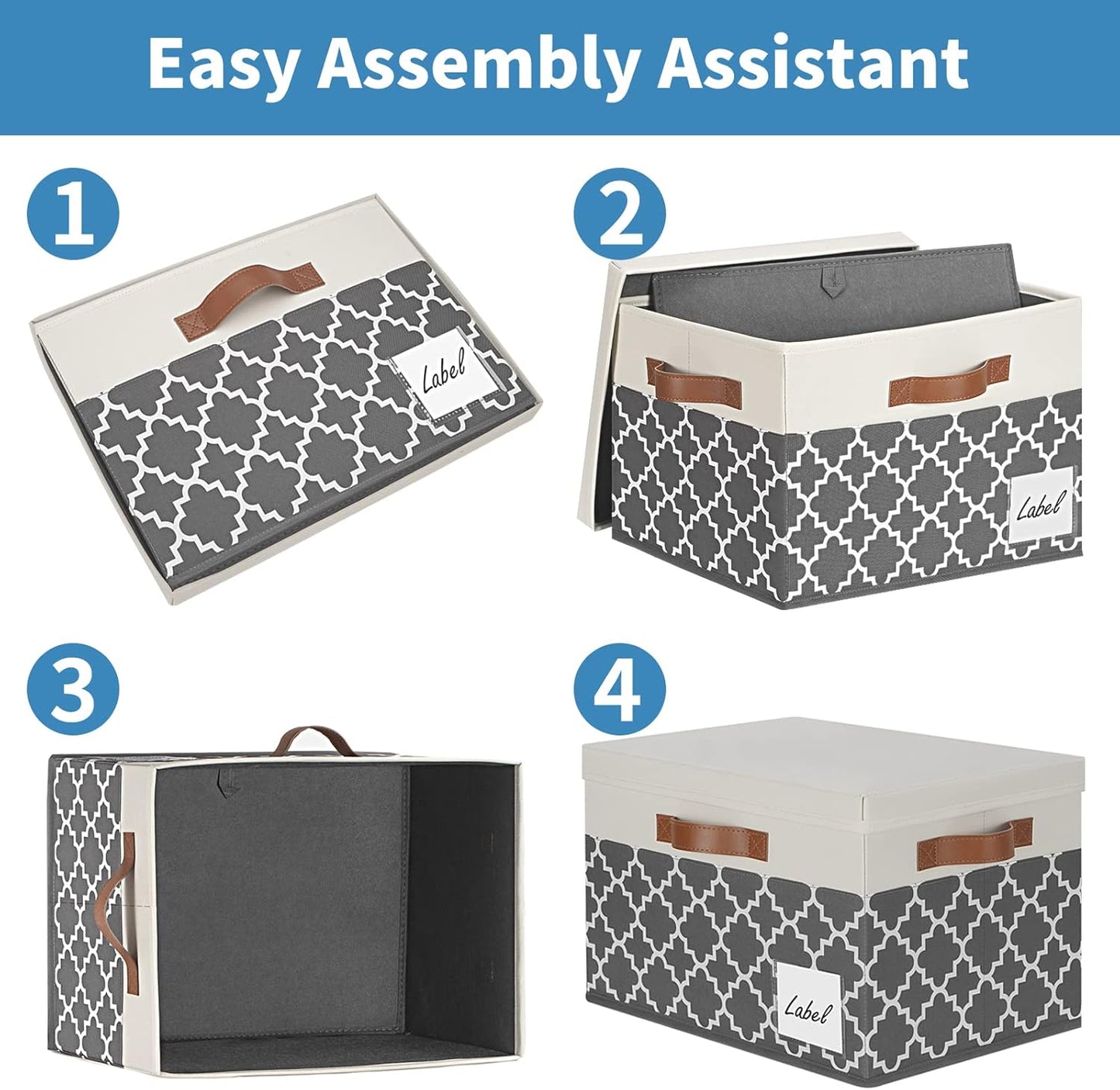 GhvyenntteS Large Fabric Storage Bins with Lids (3 Pack), Foldable Decorative Storage Boxes with Lids and 3 Handles, Sturdy Storage Baskets with Label Window for Home Office (White&Lattice Grey)