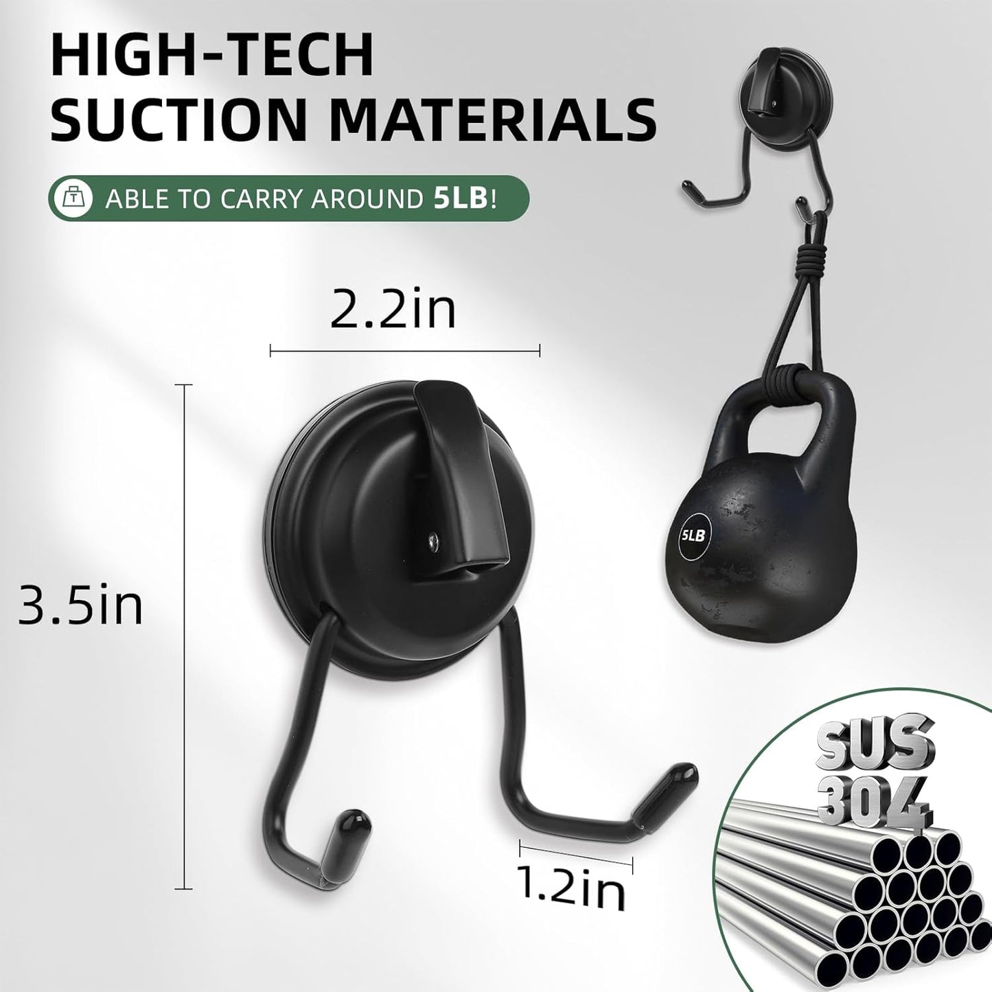 Stainless Still Suction Cup Hooks for Shower, Bathroom, Kitchen, Glass Door, Mirror, Tile – Loofah, Towel, Coat, Bath Robe Hook Holder,(2-PCS), Matte Black