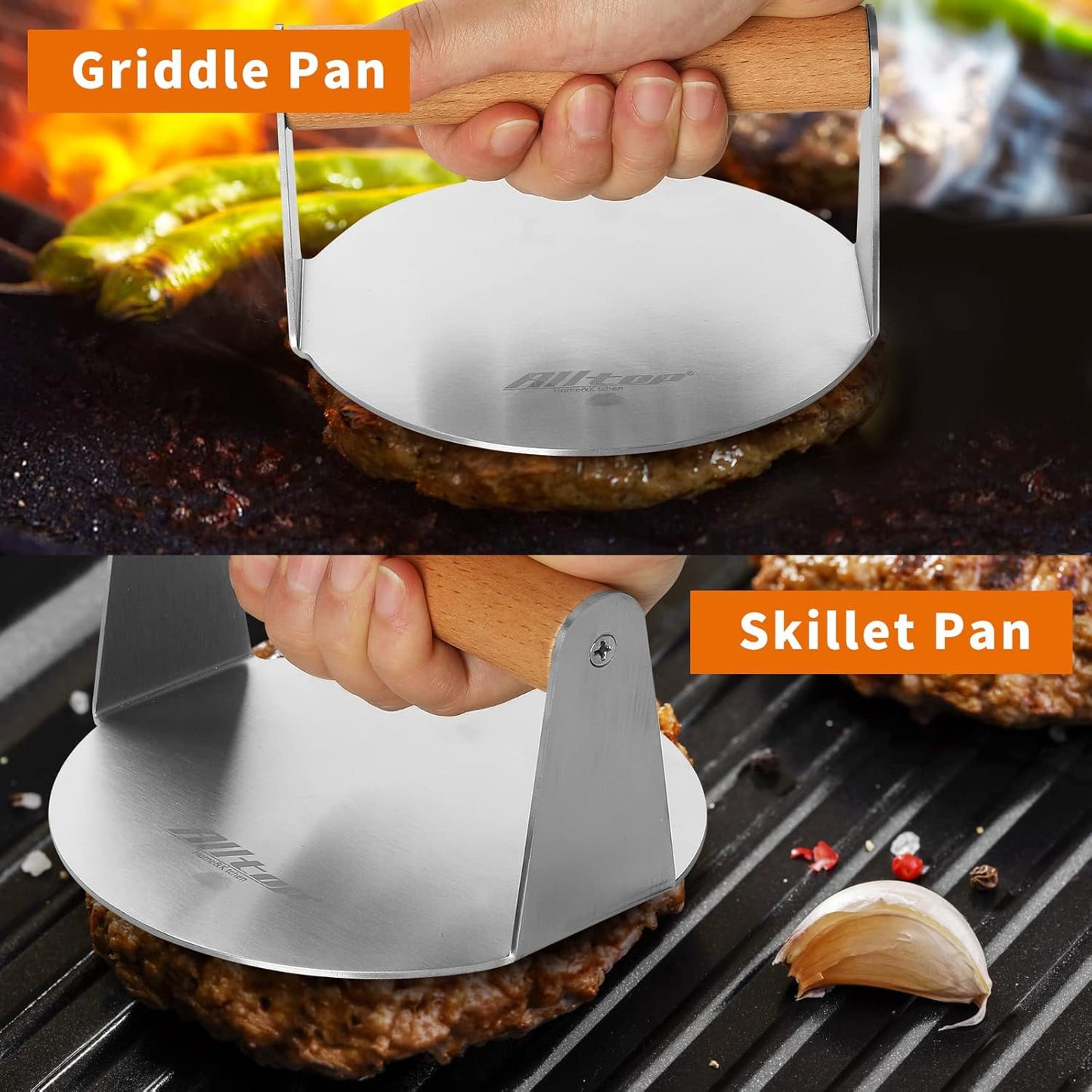 ALLTOP Smash Burger Press,Stainless Steel Non-Stick Hamburger Press Patty Maker for Flat Top Griddle,Grill,BBQ,Kitchen - Round Accessory (5.5” Wood Handle)