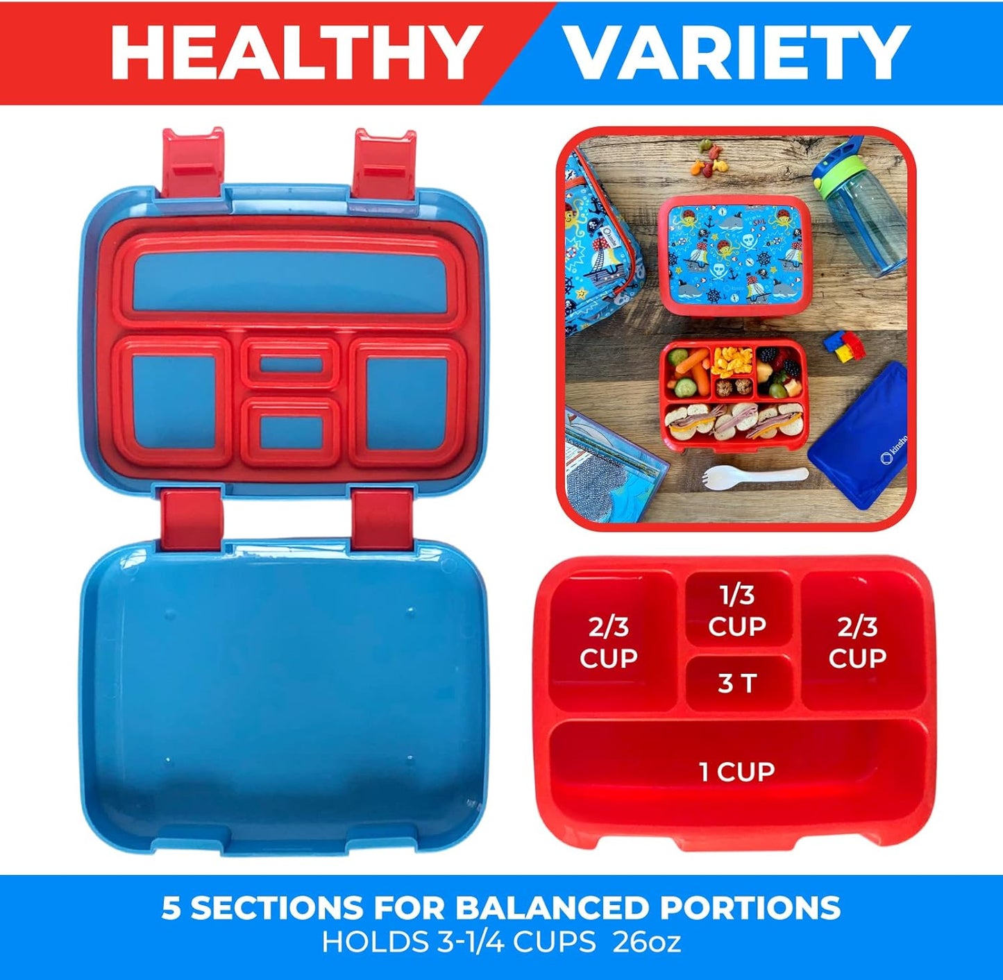 Bento Box with Insulated Lunch Bag, Ice Pack & Water Bottle Set for Kids - 5 Compartments Removable Tray Lunches or Snack Container Boys Toddlers Daycare Pre-School, Blue Pirates