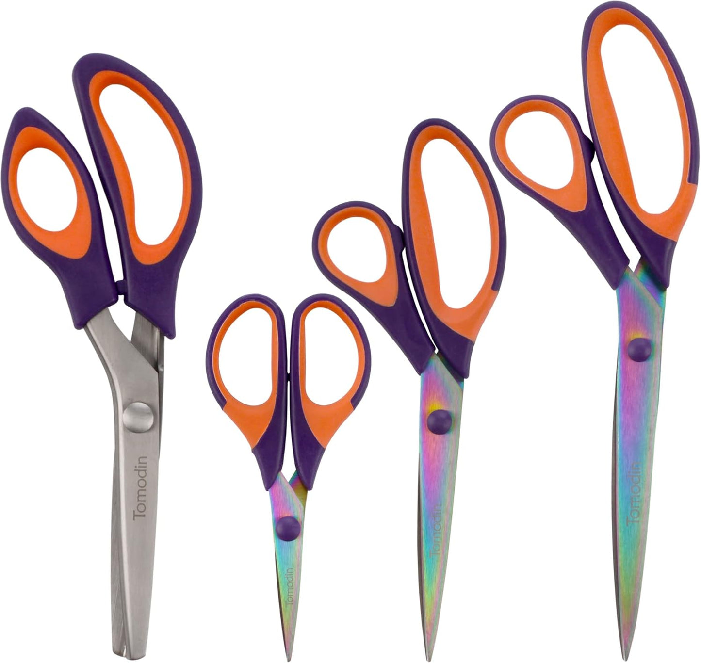 BambooMN Titanium Softgrip Scissors Set - Pinking, Sewing, Arts, Crafts, Office - 1 Set of 4 - Purple w/Orange