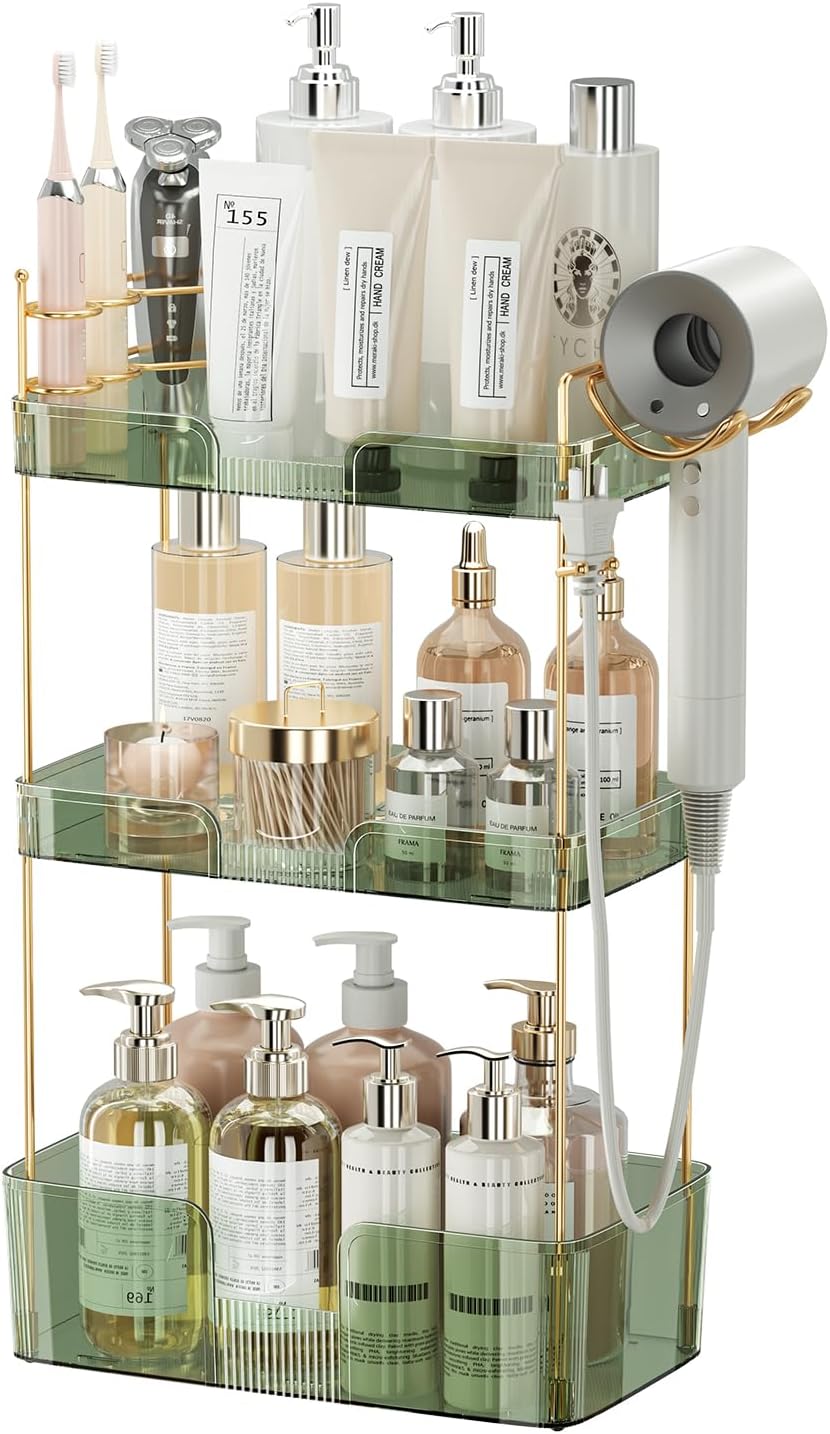 3 Tier Glam Bathroom Counter Organizer with Hair Dryer Holder, Cosmetics & Skincare Shelf, Makeup Organizer, Perfume Tray (Green)