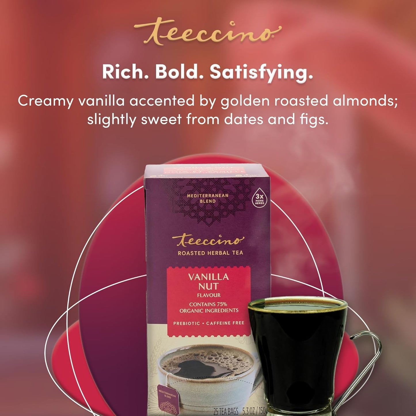 Teeccino Vanilla Nut Herbal Tea - Rich & Roasted Herbal Tea That’s Caffeine Free & Prebiotic for Natural Energy, 25 Tea Bags (Pack of 3)
