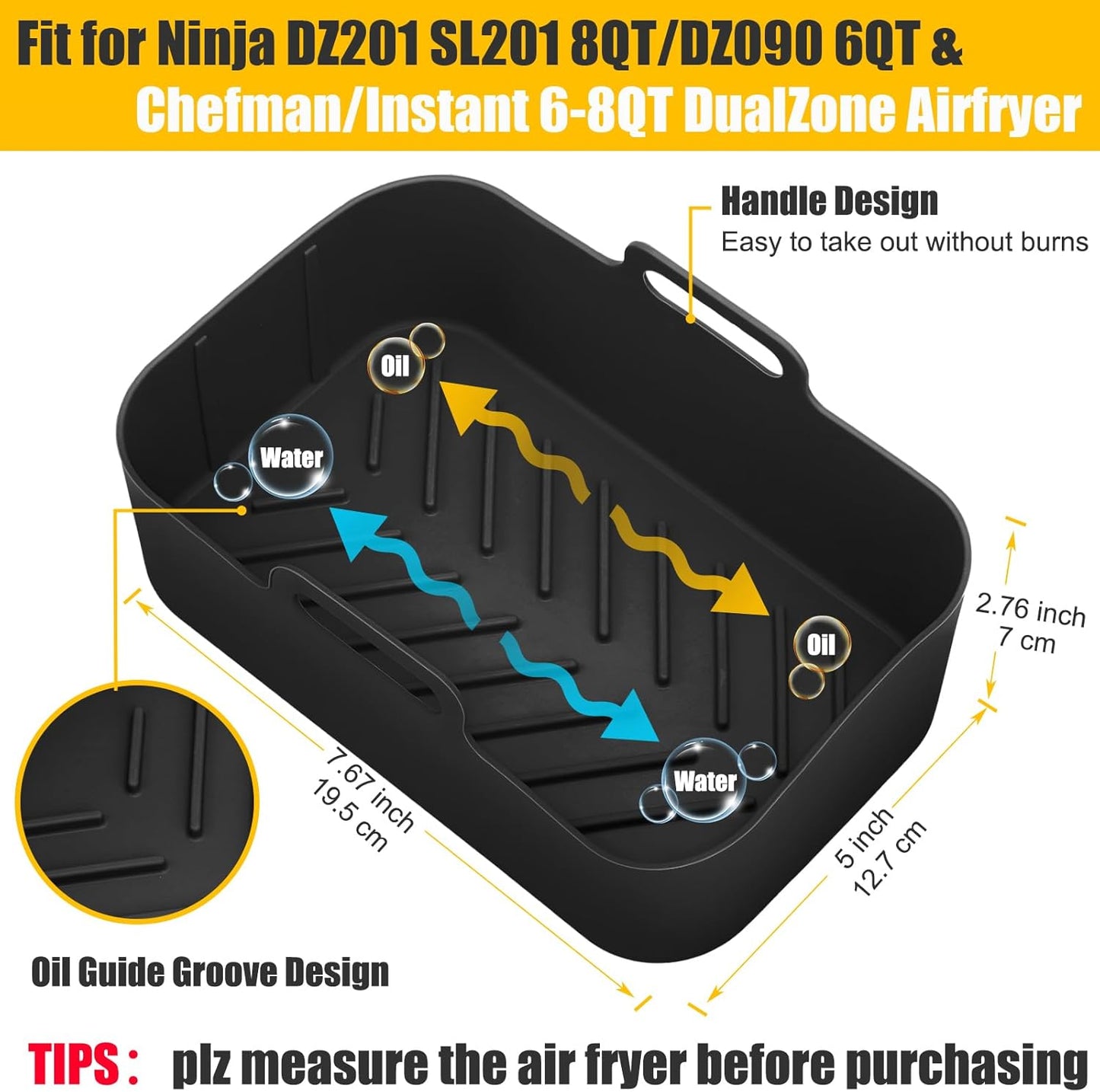 2Pcs Air Fryer Silicone Liners Rectangular for Ninja Foodi Dual DZ201 8QT/DZ090 6QT, MMH Reusable Non Stick Airfryer Dual Basket Accessories for Chefman 6QT/Instant Vortex Plus XL 8QT, Black