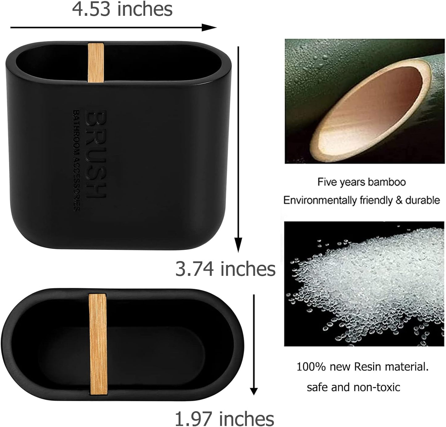 rejomiik Toothbrush Holders Resin Bamboo Tooth Brushing Holder for Bathroom Countertop, Tooth Brush Storage Organizer Stand for Holds Toiletries and Beauty Accessories, Toothpaste, Razor, Matte Black