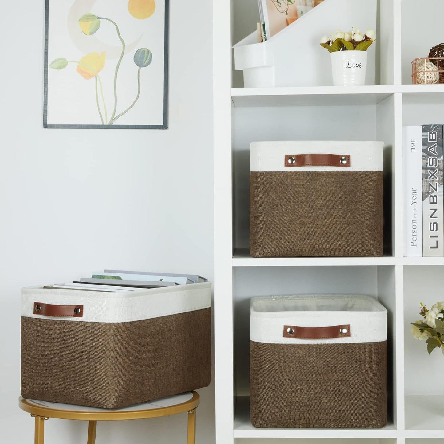 HNZIGE Fabric Storage Baskets (3 Pack) - Decorative Foldable Shelf Baskets with Leather Handles for Organizing Clothes (Brown & White, 15" x 11" x 9.5")