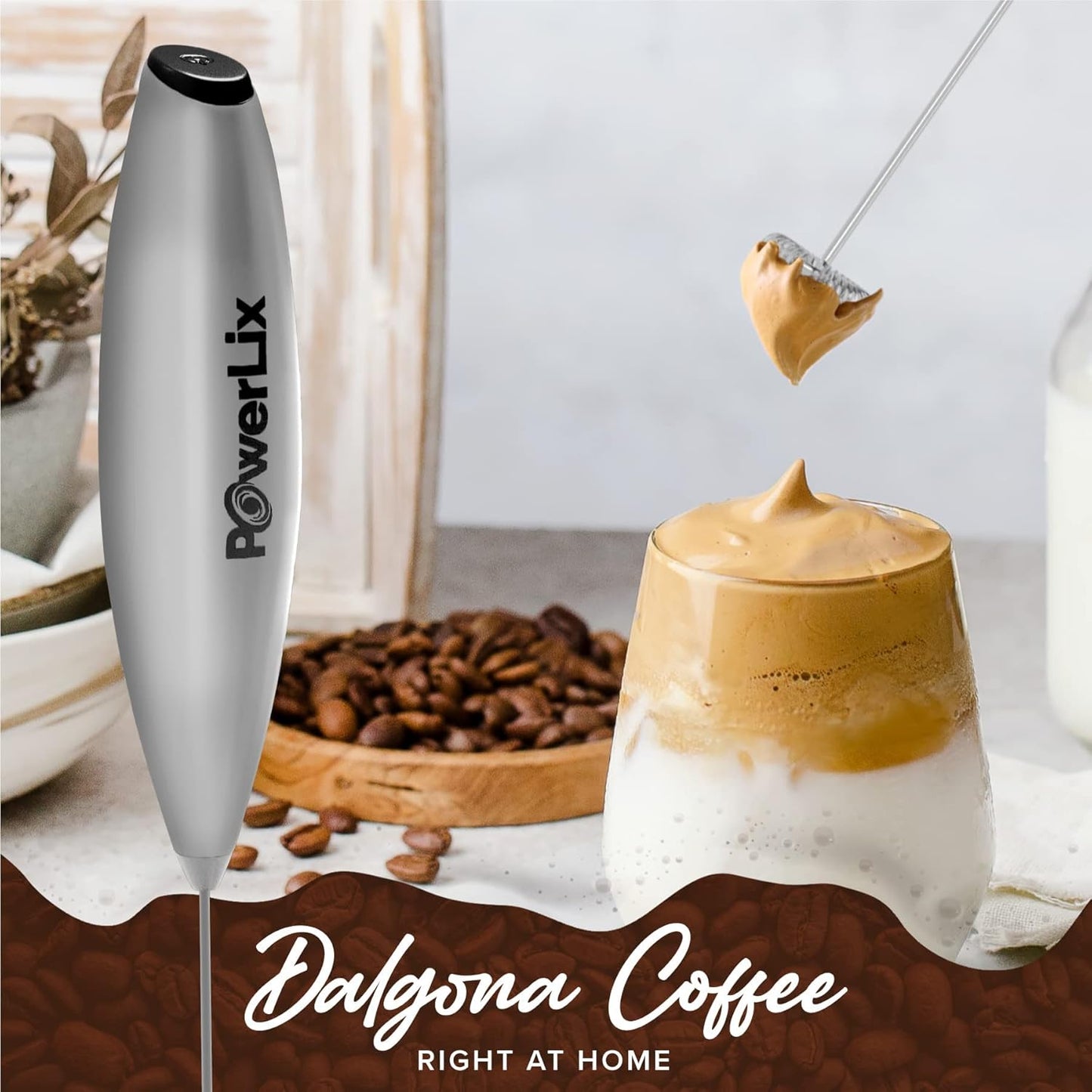 PowerLix Powerful Handheld Milk Frother With Stand Battery Operated Foam Maker Frother Wand For Coffee (A Black) (Silver)