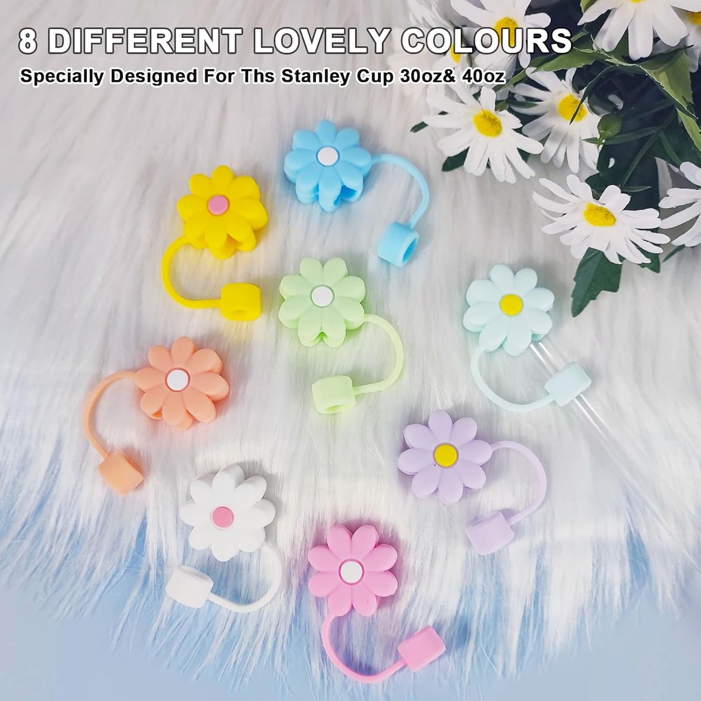 Straw Covers Cap Fit for Stanley Cup, 8Pcs Silicone Flower Straw Toppers Compatible for Stanley 30&40 Oz Tumbler, 10mm Drinking Straw Tip Covers Fit for Stanley Cups Accessories