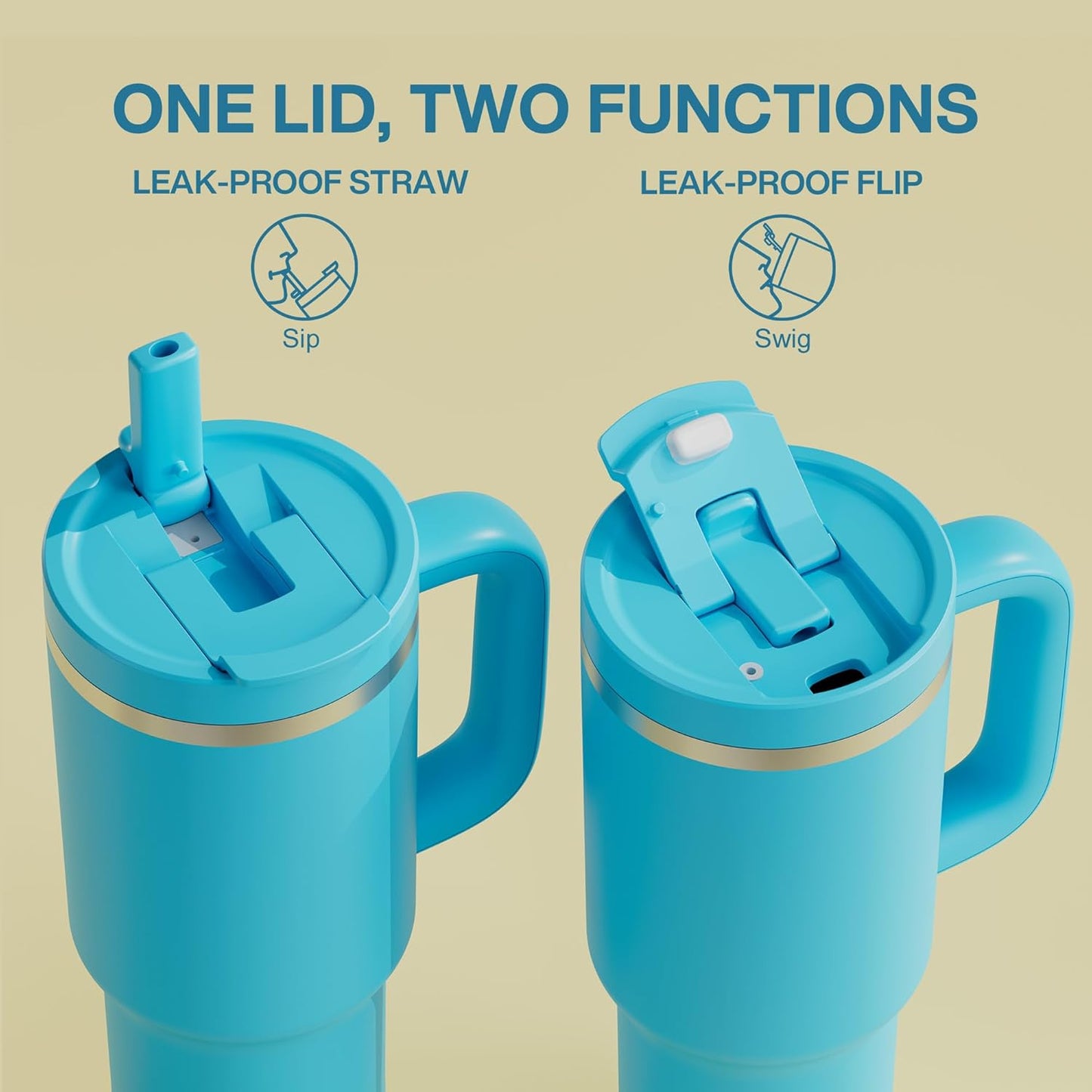 40 oz Tumbler with Handle and Straw: Stainless Steel Insulated Tumbler Keeps Cold for 24 Hours, Leakproof Travel Cup Fits in Cup Holder and BPA-Free,Azure Blue