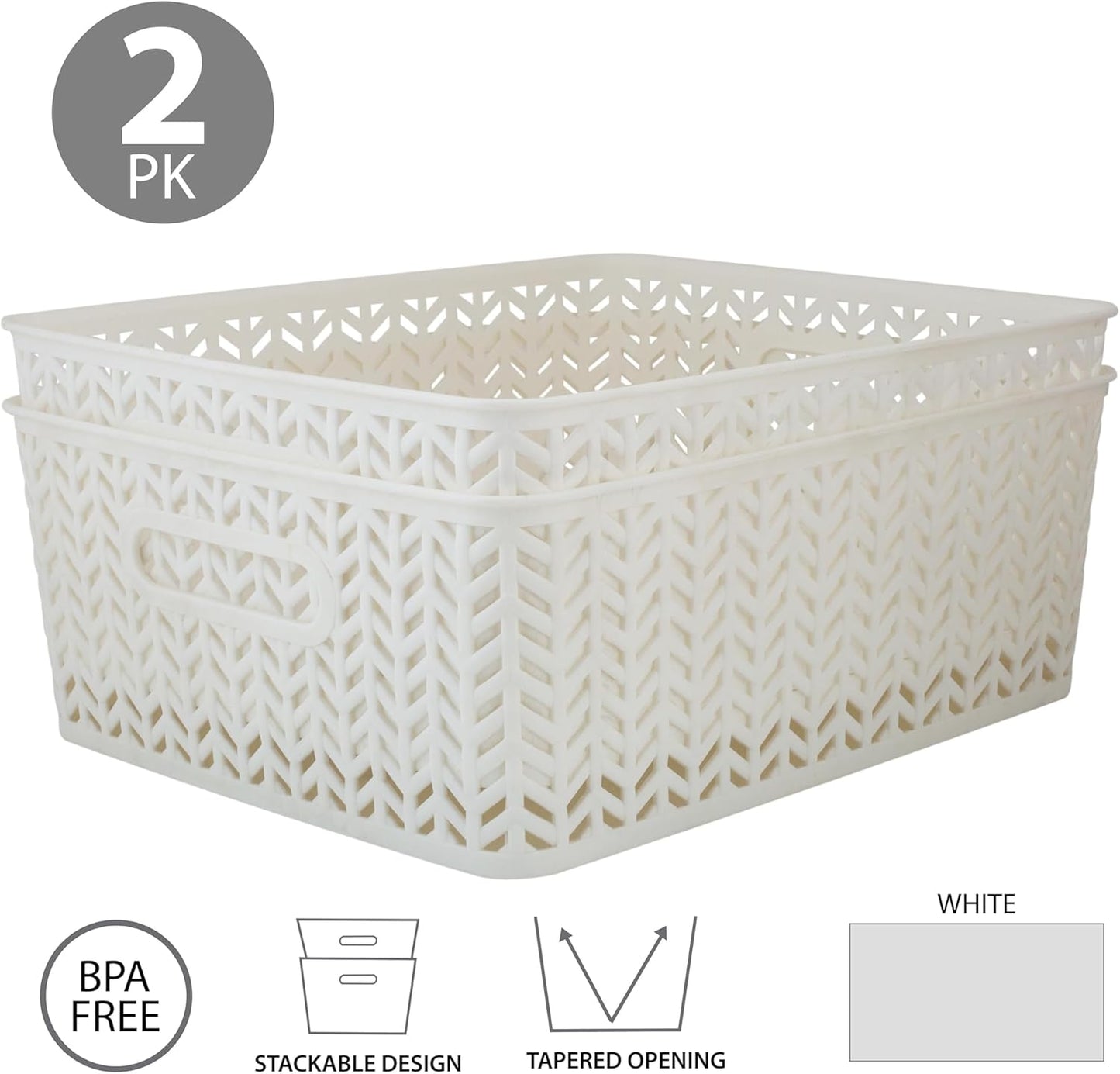 Simplify 2 Pack Medium Herringbone Storage Basket | Dimensions: 14"x11.5"x5.15" | Multipurpose | Home Organization | 2 Open Handles | White