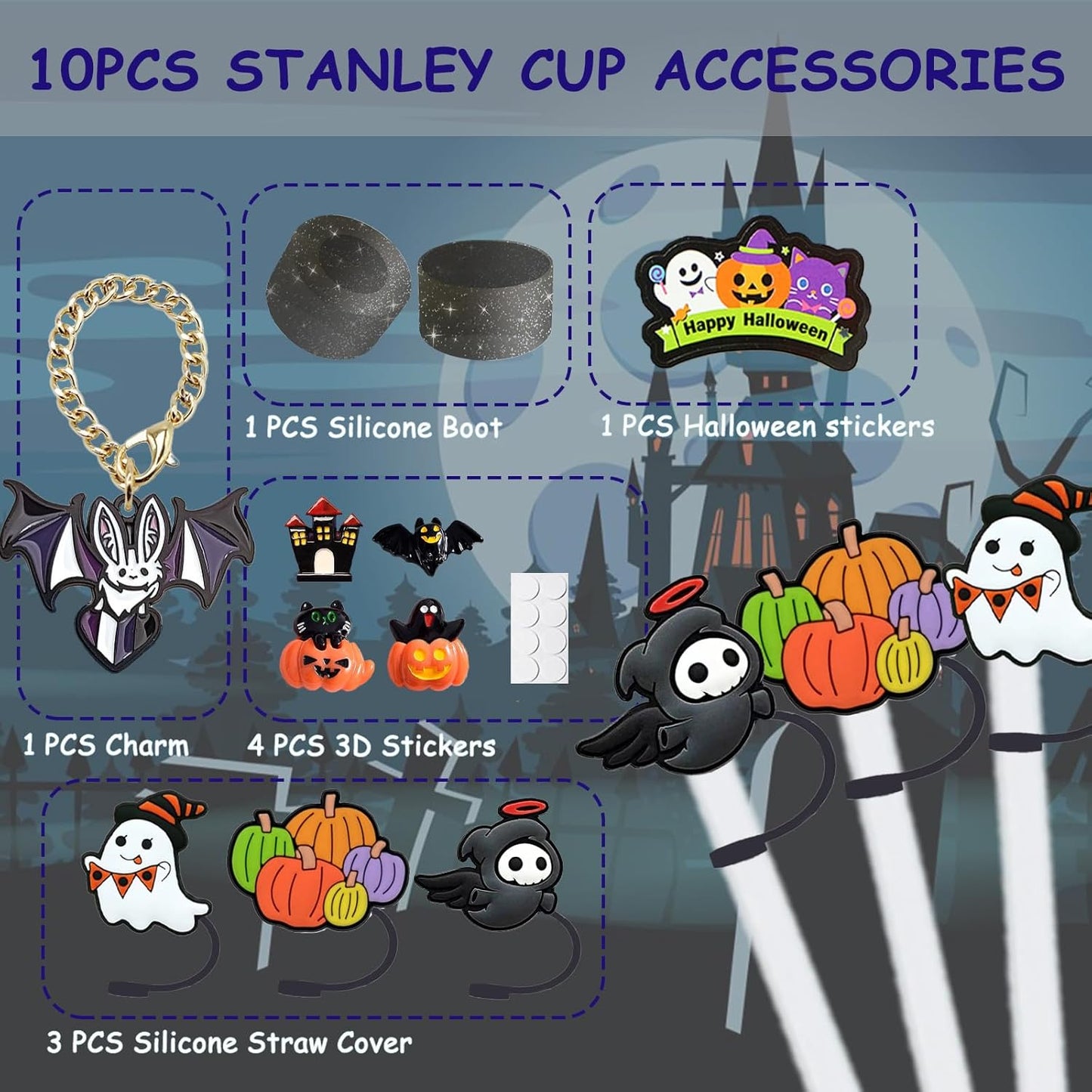 Stanley Cup Accessories Set,Including 3 Pcs 0.4in Halloween Straw Cover, 5 Pcs Halloween 3D&Flat Stickers, 1 Pcs Handle Charm, 1 Silicone Boot Fits Stanley 40&30 Oz Tumbler (Glitter Black)