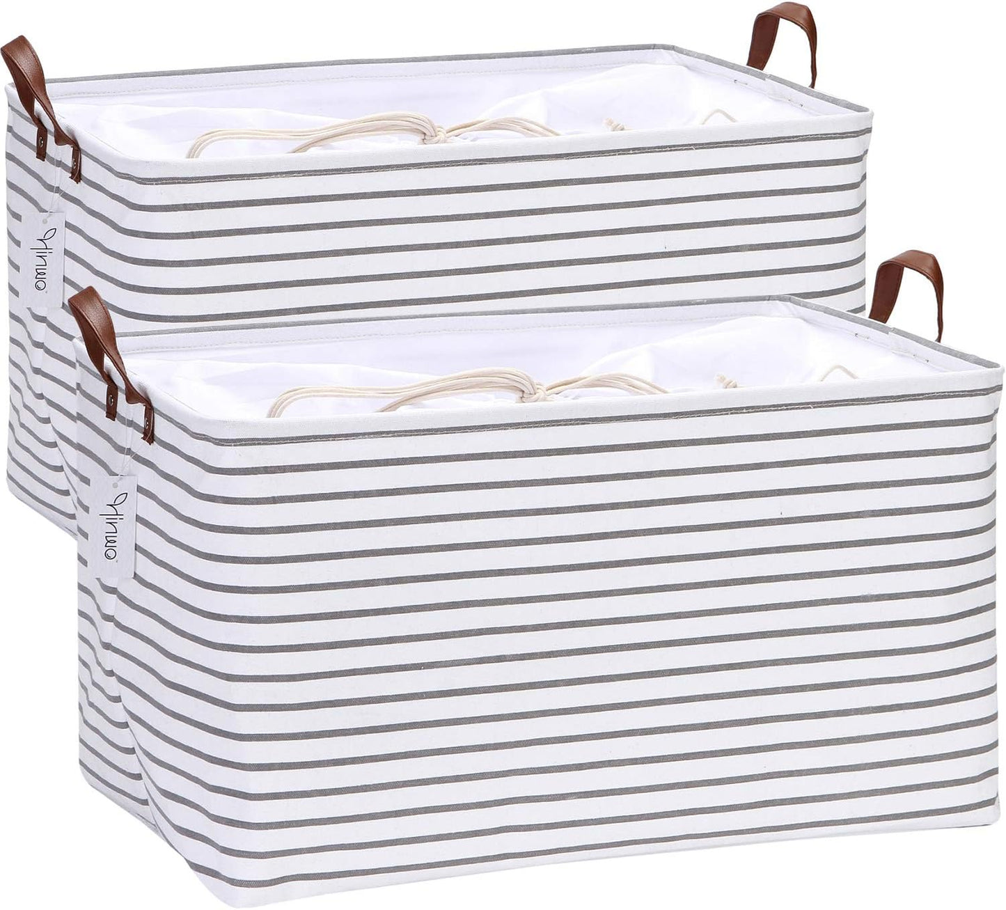 Hinwo 2-Pack Extra Large Canvas Fabric Storage Baskets with Handles, 70L Oversized Storage Bins, Collapsible Storage Box, Clothes, Toys, Blankets Organizers, 22 x 15 x 13 inches, (Grey Stripe)