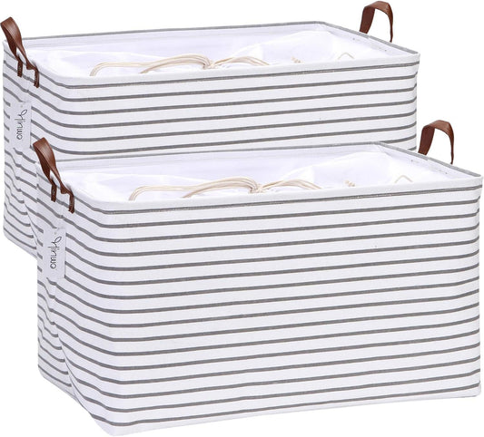 Hinwo 2-Pack Extra Large Canvas Fabric Storage Baskets with Handles, 70L Oversized Storage Bins, Collapsible Storage Box, Clothes, Toys, Blankets Organizers, 22 x 15 x 13 inches, (Grey Stripe)
