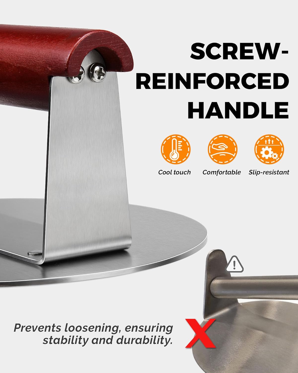 HULISEN 6.2" Stainless Steel Smashed Burger Press with Extra Wide Heat-Resistant Wood Handle, Burger Smasher for Flat Top Griddle, Grill, Skillet, Cast Iron Pan, Hamburger Cooking Accessories