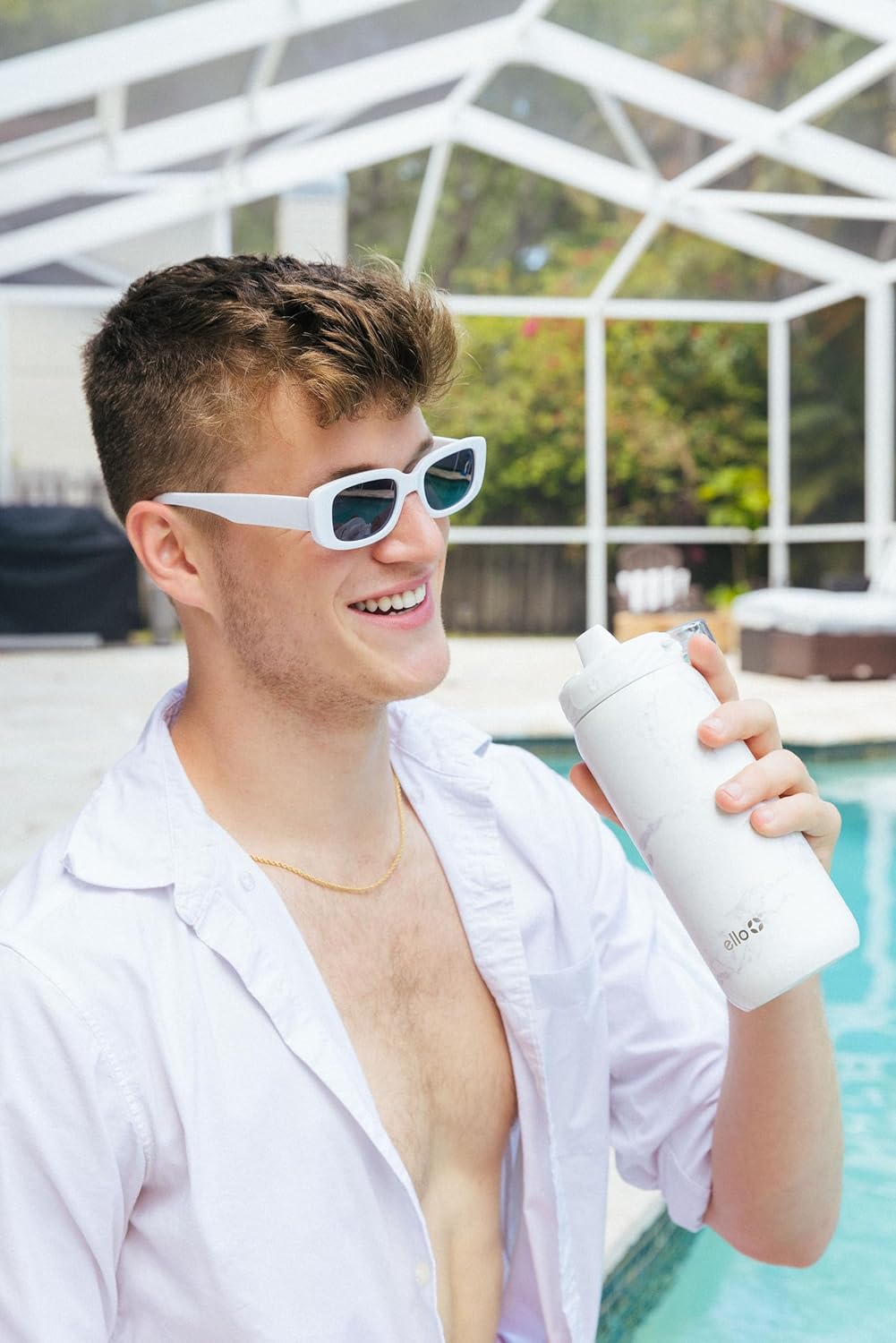 Ello Cooper 18oz Kids Stainless Steel Water Bottle with 2 Lids Chug and Straw | Leak Proof Double Walled and Vacuum Insulated | Fits Car Cupholder | Built in Carry Loop | Dishwasher Safe |White Marble