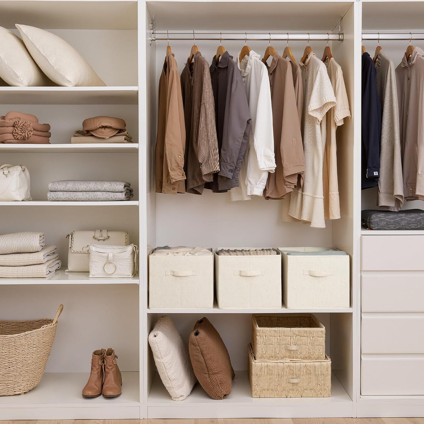 StorageWorks Storage Baskets for Shelves, Foldable Fabric Closet Storage Bins with Handles, Fabric Storage Bins Clothes Organizer, Beige(Cotton-linen), 3-Pack, Extra Large