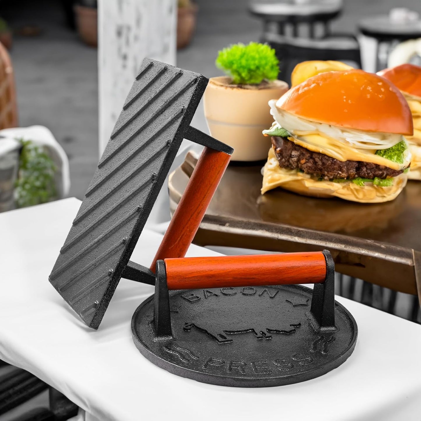 vivicreate 8.5 inch Rectangle & 7 inch Round Smash Burger Hamburger Smasher Patty Maker cast Iron Grill Weight Bacon Press Wood Handle prensa de hamburguesas prensa de Hierro fundido