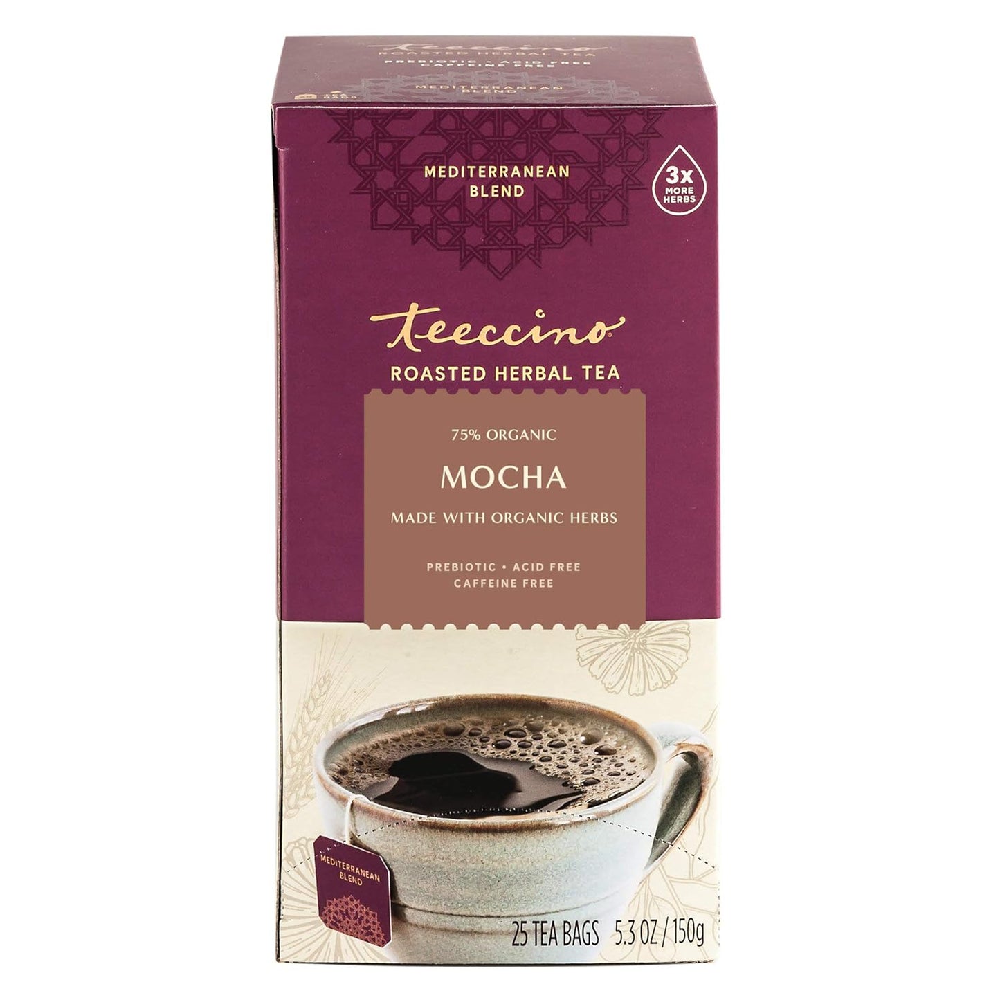 Teeccino Mocha Herbal Tea - Rich & Roasted Herbal Tea That’s Caffeine Free & Prebiotic for Natural Energy, 25 Tea Bags (Pack of 3)