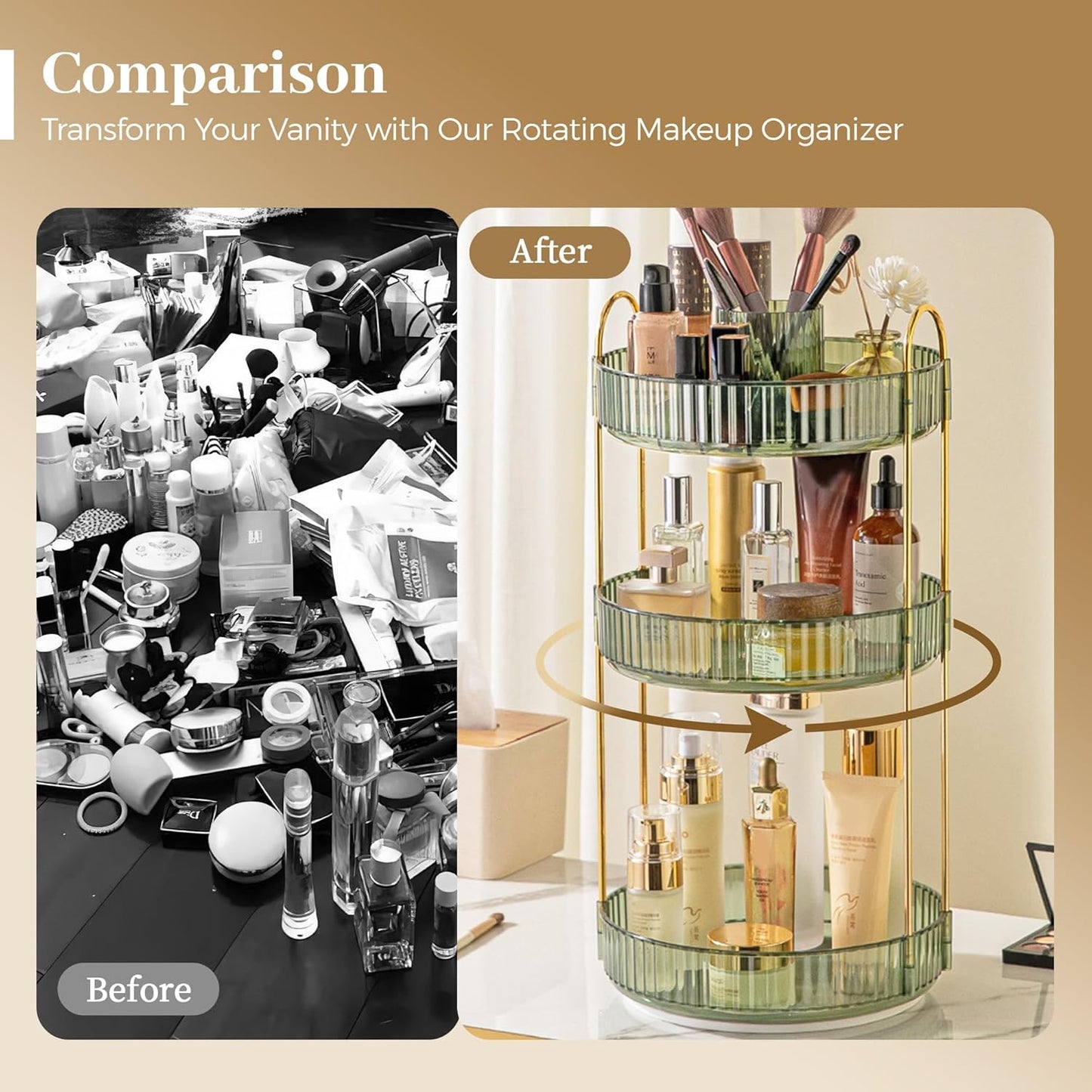 Aveniee 360 Rotating Makeup Organizer for Vanity, Perfume Storage with Brush Holder for Bathroom Countertop, 3 Tier Spinning Skincare Display Case for Lipstick Cosmetic Lotion,Green