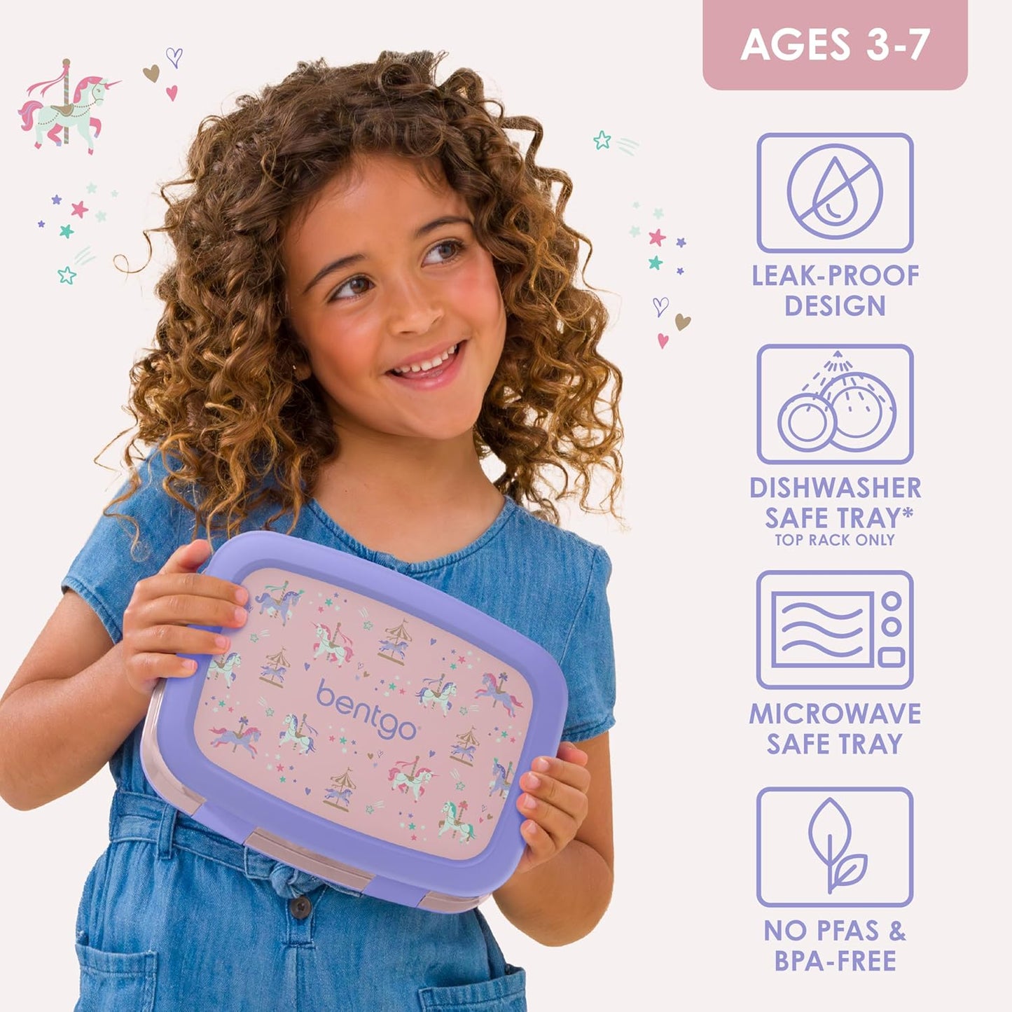Bentgo Kids Prints Leak-Proof, 5-Compartment Bento-Style Kids Lunch Box - Ideal Portion Sizes for Ages 3-7, Durable, Drop-Proof, Dishwasher Safe, & PFAS & BPA-Free Materials (Carousel Unicorns)