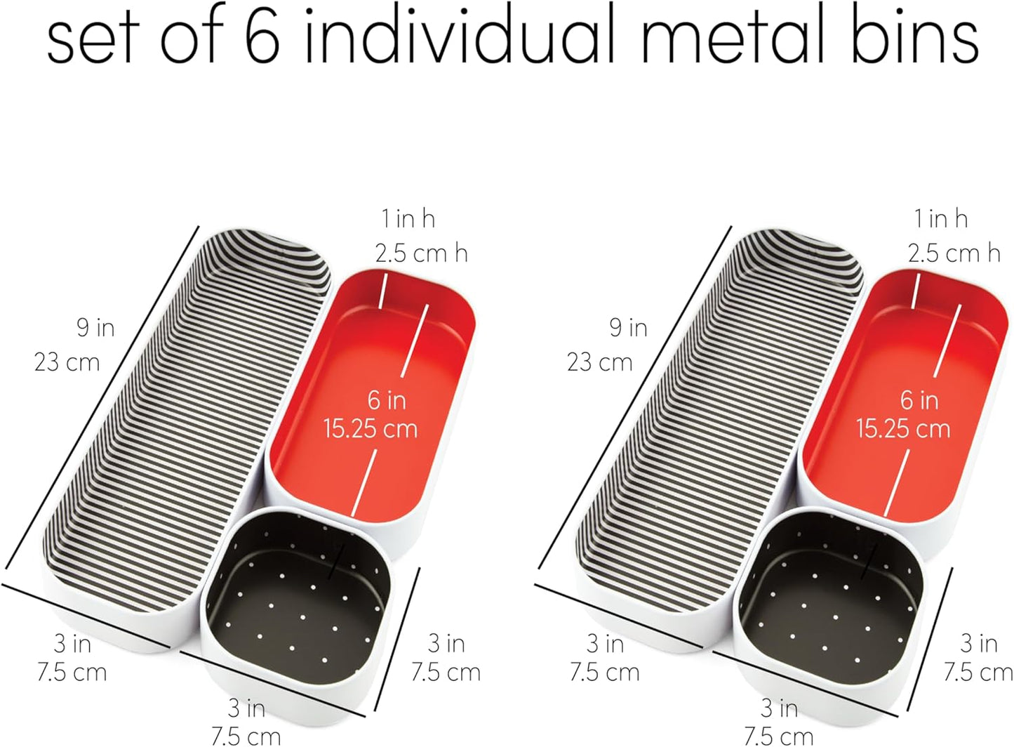 Three by Three Seattle 6 Piece Shallow Metal Organizer Tray Set for Storing Makeup, Stationery, Utensils, and More in Office Desk, Kitchen and Bathroom Drawers (1 Inch, Red Dots and Stripes)