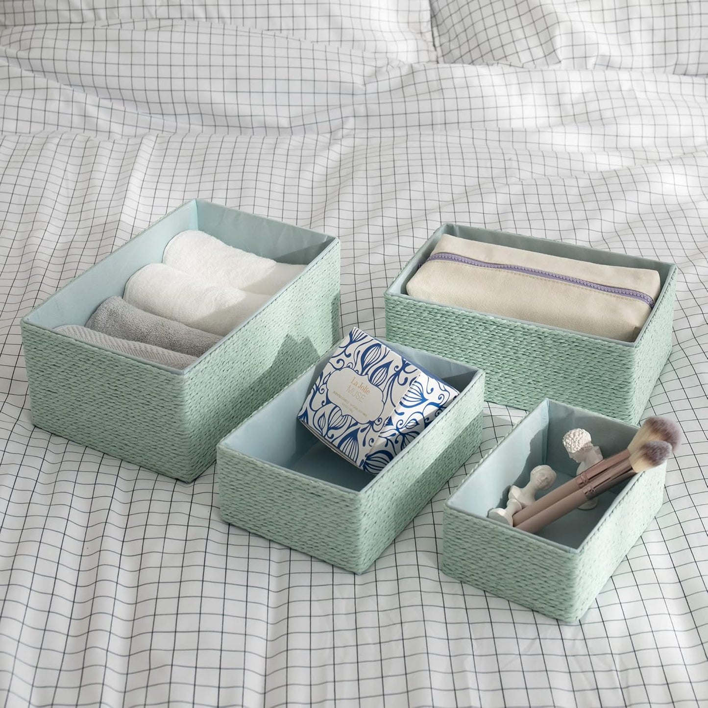 LA JOLIE MUSE Storage Baskets Set 4 - Stackable Woven Basket Paper Rope Bin, Storage Boxes for Makeup Closet Bathroom Bedroom (Light Green)