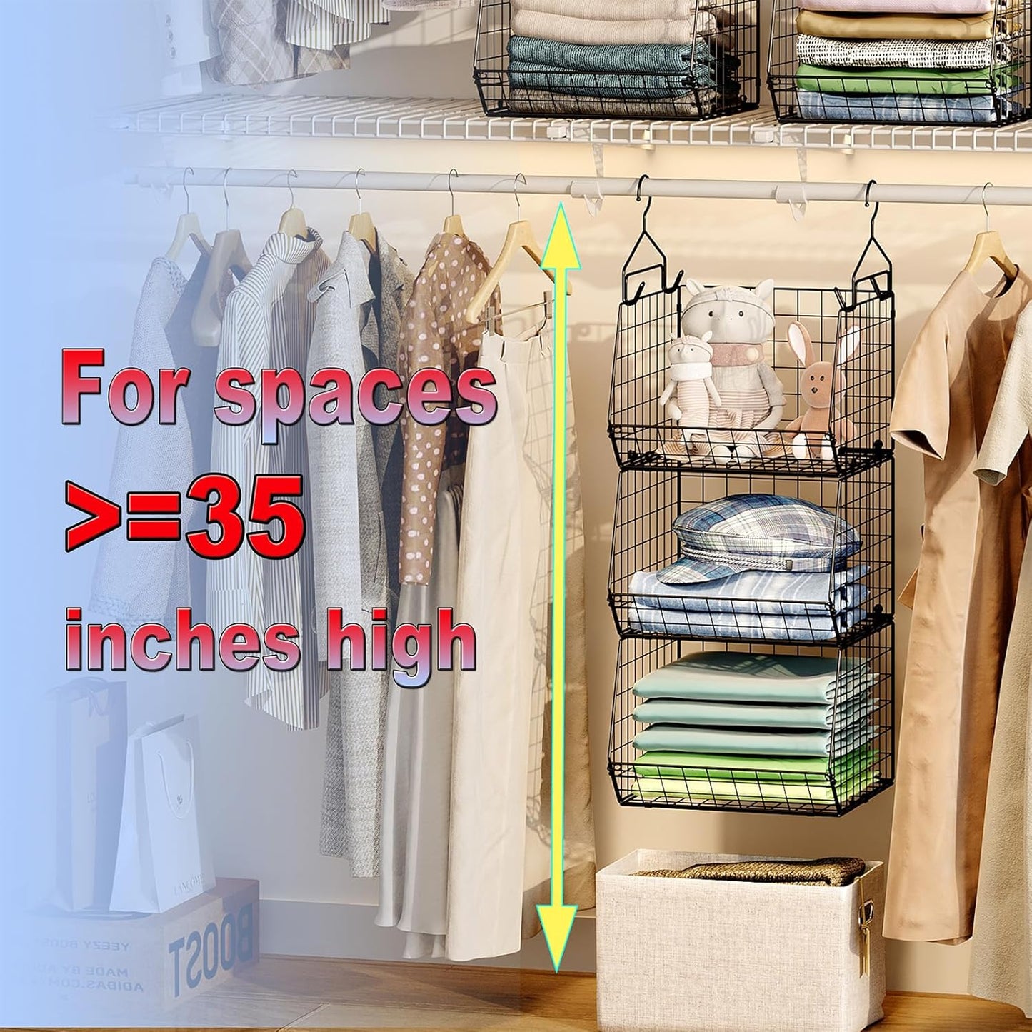 X-cosrack 3-Tier Hanging Storage Organizer for Closet, Laundry & Utility Room | Space Saving Shelves with 1.65" Hook & 5 S-Hooks | Hanging Wire Baskets (12.4" W x 8.8" H x 10.24-11.8" D)