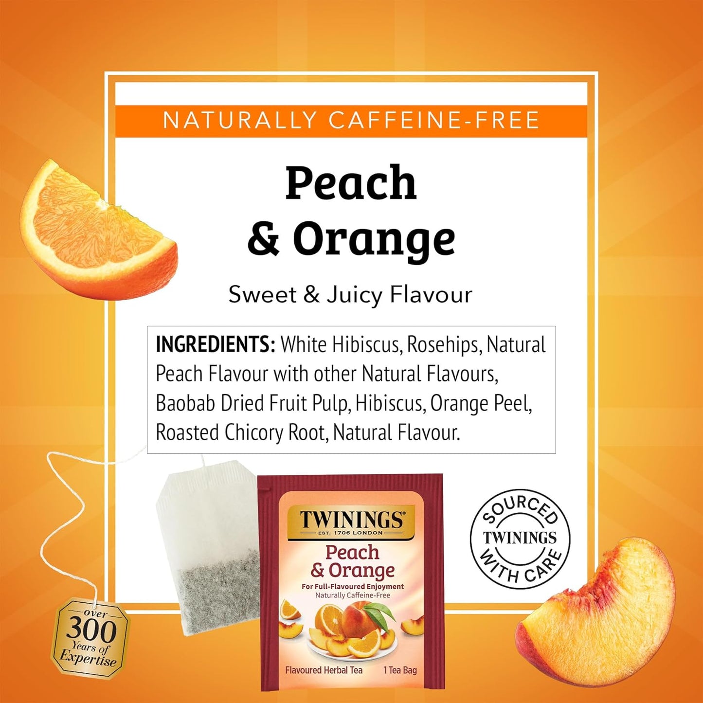 Twinings Peach & Orange Herbal Tea Individually Wrapped Bags, 20 Count (Pack of 6), Juicy & Fruity, Naturally Caffeine-Free, Enjoy Hot or Iced, 120 Teabags