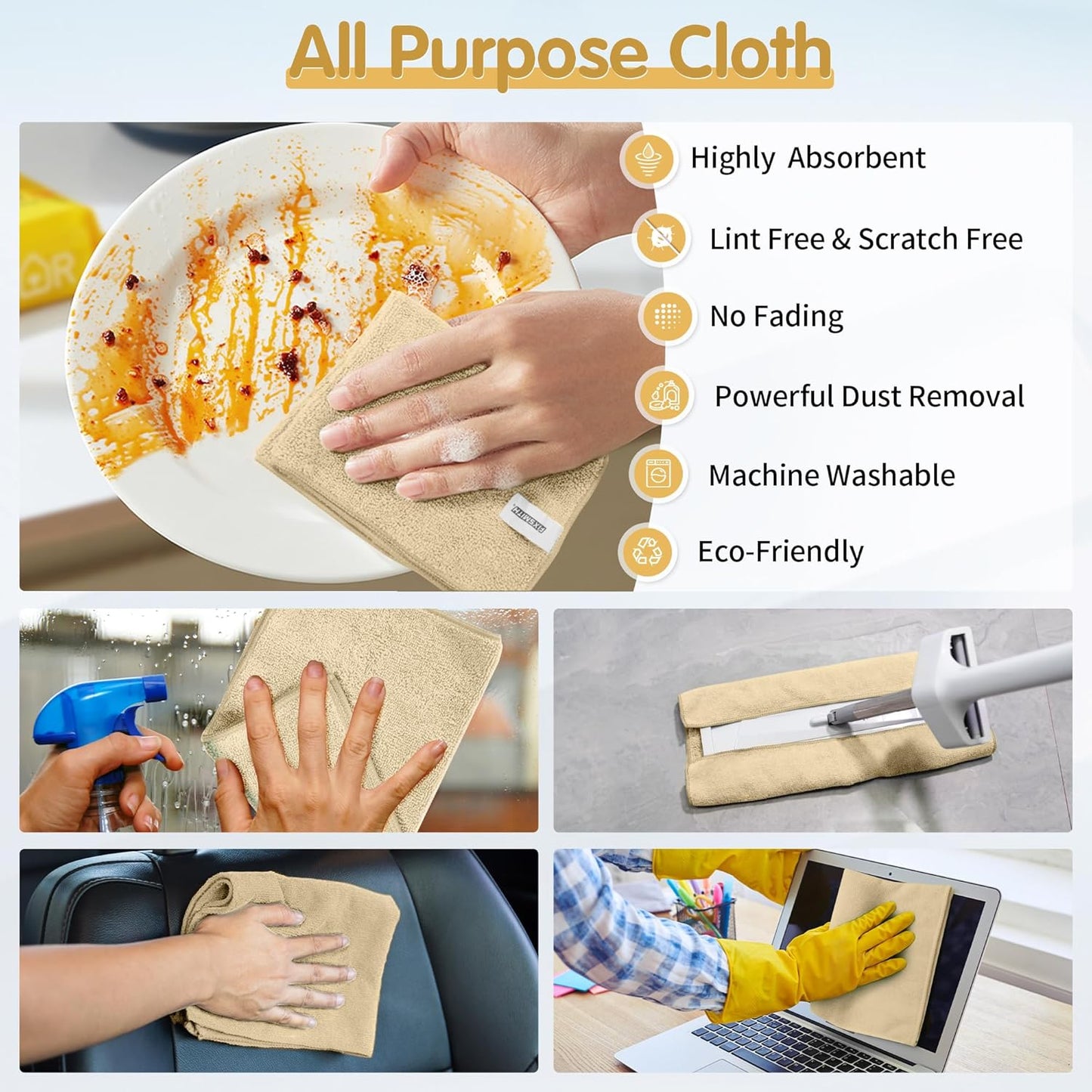 FIXSMITH Beige Microfiber Cleaning Cloth -Pack of 8, Highly Absorbent Cleaning Rags, 16"X12" All Purpose Cleaning Towels for Housekeeping, Kitchen, Car, Lint Free and Reusable Microfiber Towels