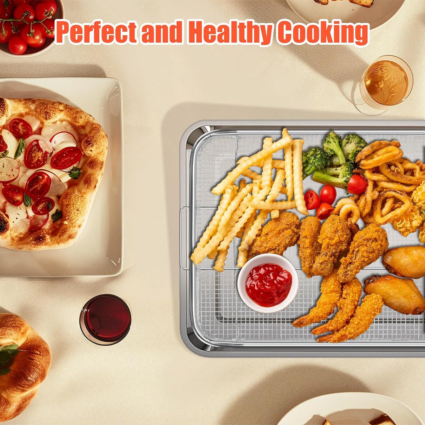 2 Set Air Fryer Basket,Oven Air Fryer Basket and Tray Set 15.6" x 11.6" &12.9"x9.7", Non-Stick Surface,Easy to Clean,With 100 PCS Parchment Papers