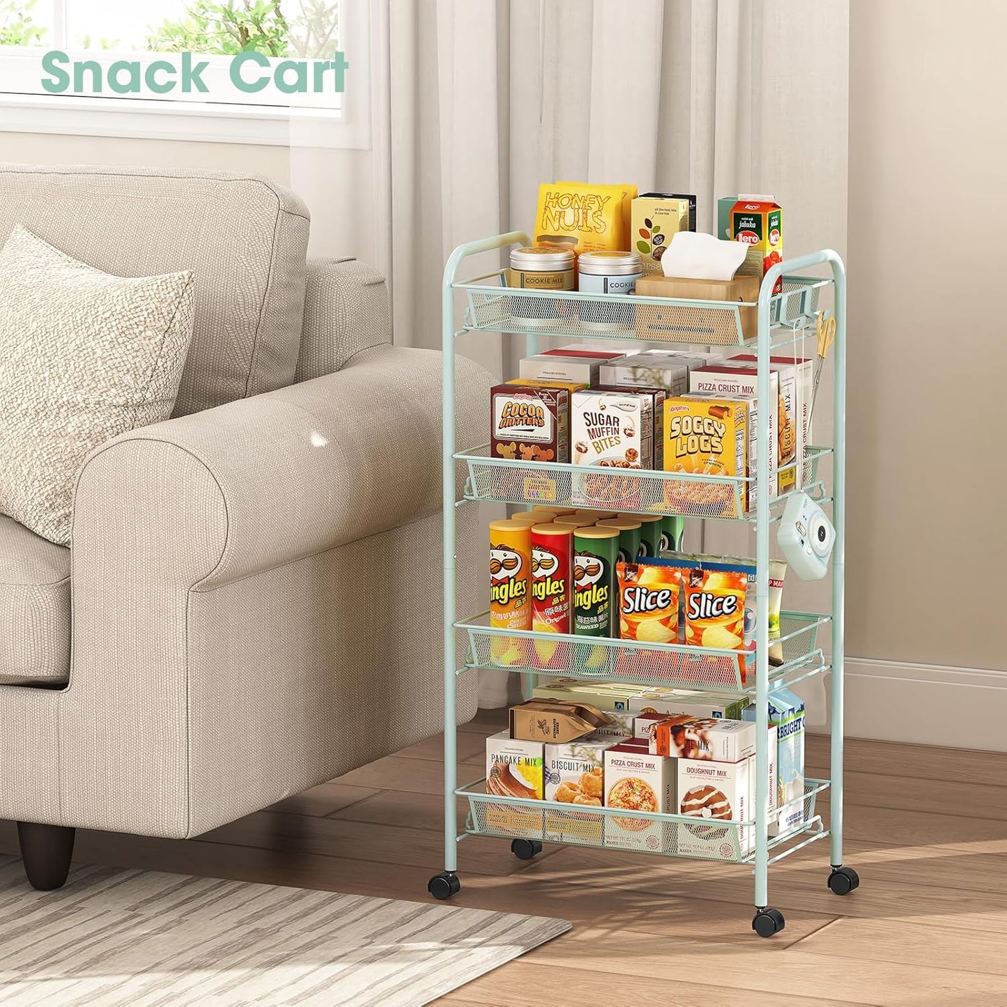 TOOLF 4-Tier Rolling Cart, Metal Utility Cart with 3 Hooks, Easy Assemble Mobile Storage Trolley On Wheels, Metal Shelving Units Kitchen Bathroom Laundry Room