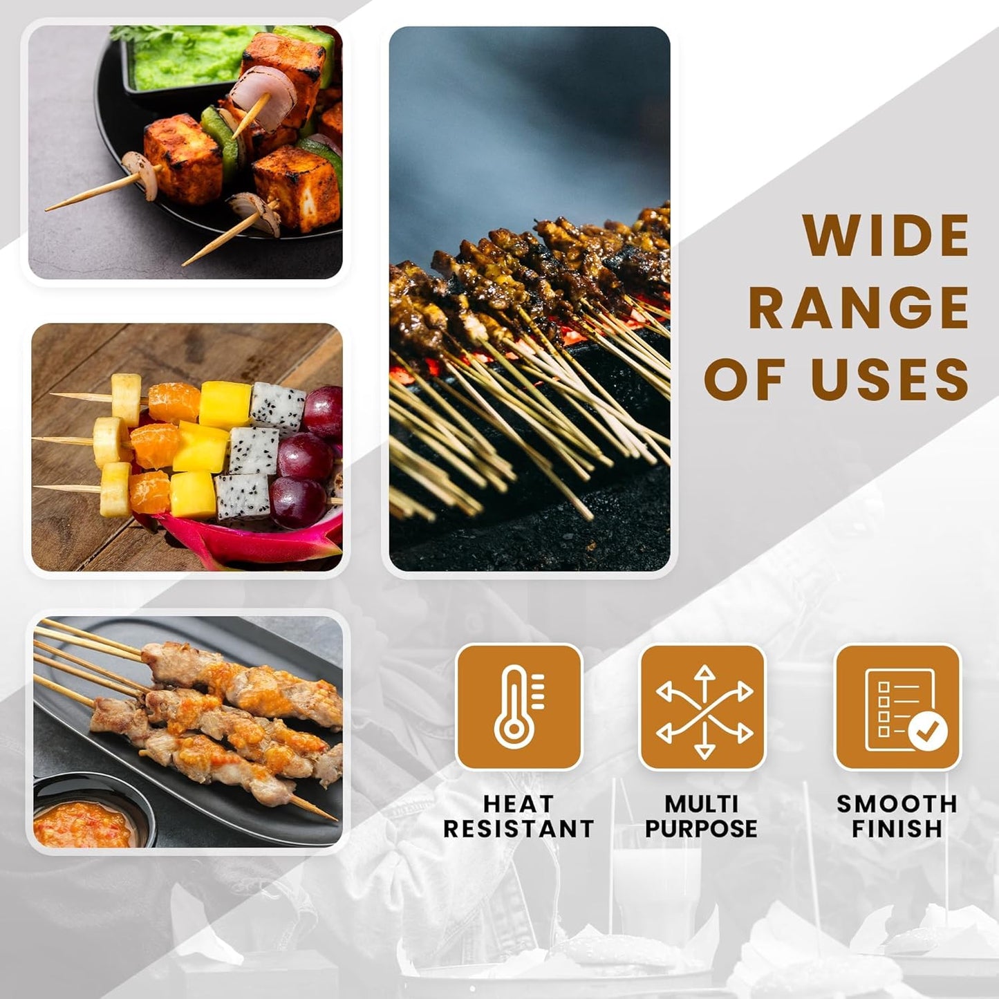 DecorRack 8" Natural Bamboo Skewers Sticks, 100 Wood Skewers for Grilling, BBQ, Kabob, Appetizers, Fruits, Smores, Cocktail, Brunch, Fondue Sticks, Barbeque, DIY Crafting, 8 inch (100 pack)