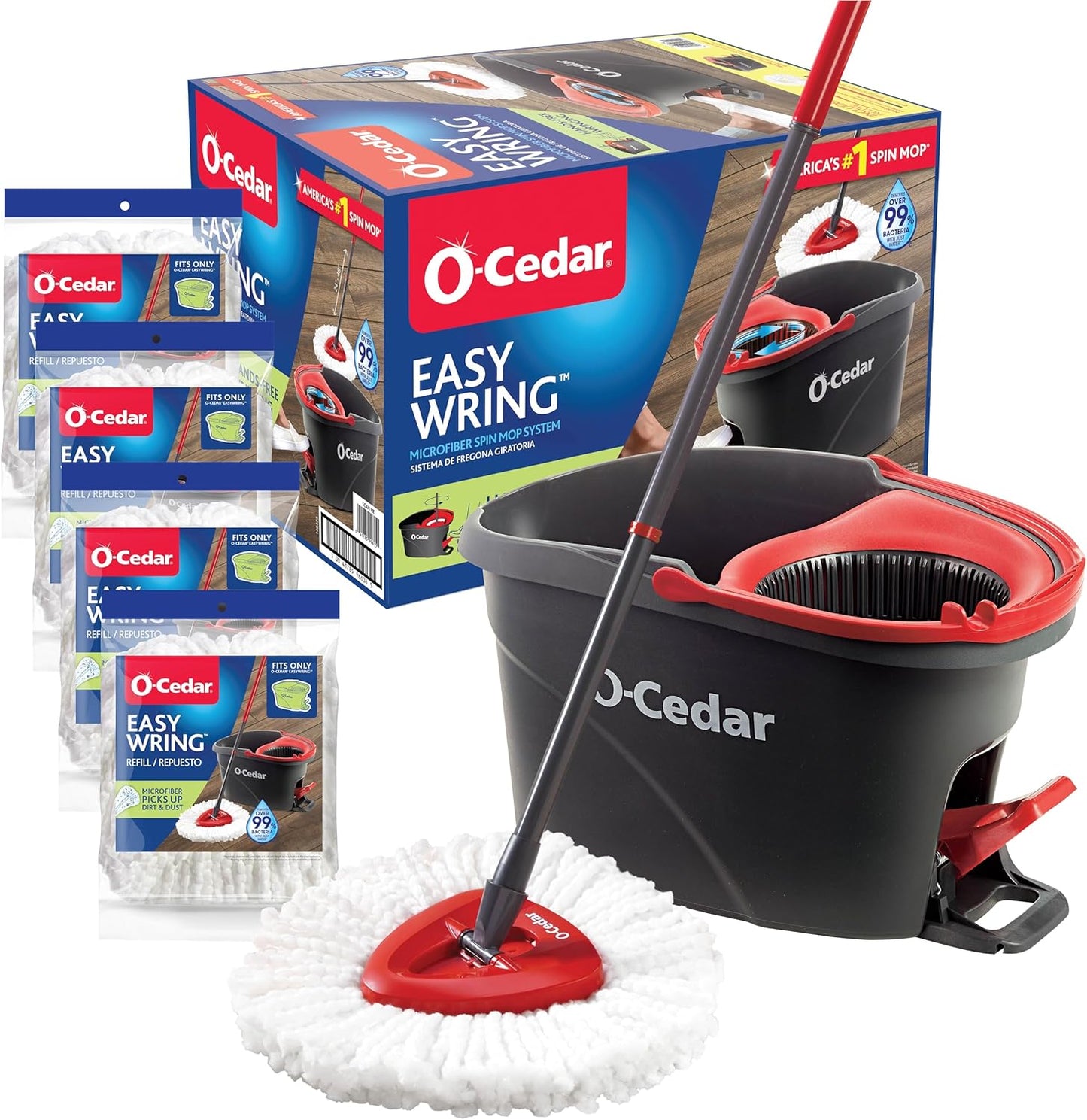 O-Cedar Easywring Microfiber Spin Mop & Bucket Floor Cleaning System with 4 Extra Refills
