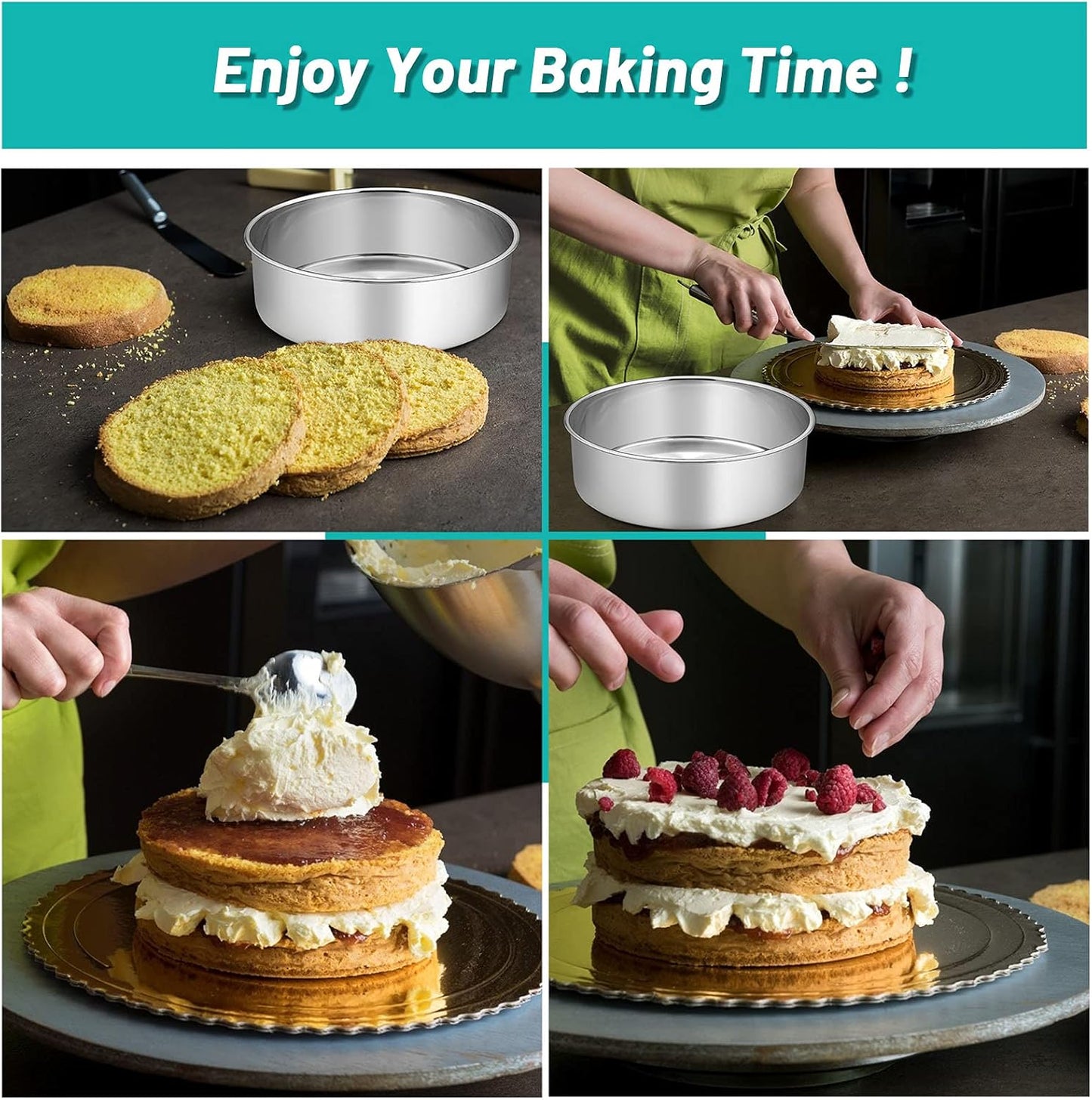 TeamFar Round Cake Pan, 8’’ x 3’’ Stainless Steel Deep Baking Roasting Cake Pan for Birthday Party Wedding, Non-Toxic & Heavy Duty, Deep & Straight Wall, Mirror Finish & Dishwasher Safe