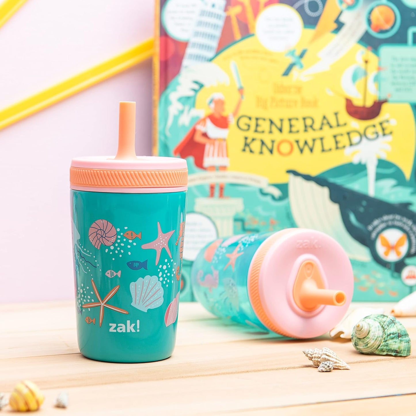 Zak Designs Shells Kelso Tumbler Set, Leak-Proof Screw-On Lid with Straw, Bundle for Kids Includes Plastic and Stainless Steel Cups with Bonus Sipper (3pc Set, Non-BPA)