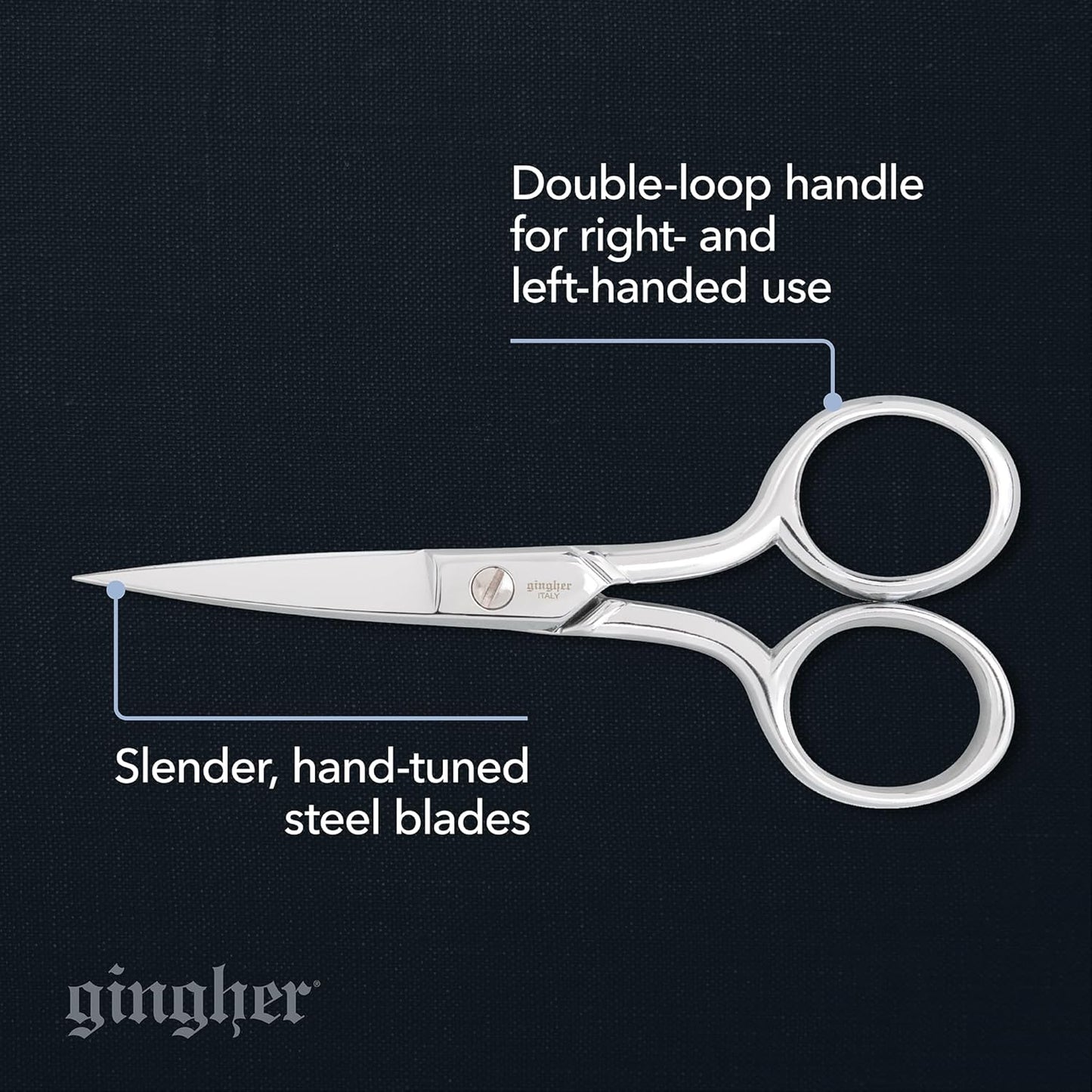 Gingher Embroidery Scissors, Precision Craft Scissors, Hand-Tuned Blades & Double Loop Handle, 4”, Silver/Nickel