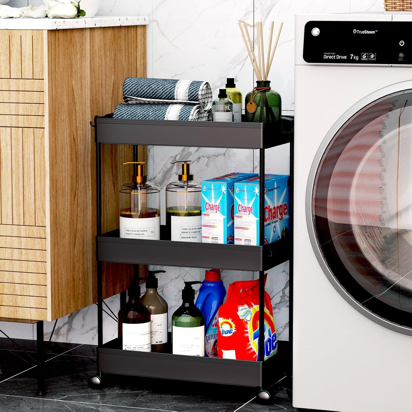 SPACEKEEPER Rolling Storage Cart 3 Tier Bathroom Cart Organizers with Wheels Laundry Room Organization Mobile Shelving Unit Utility Cart Storage Shelves Multi-Functional for Office, Home, Black