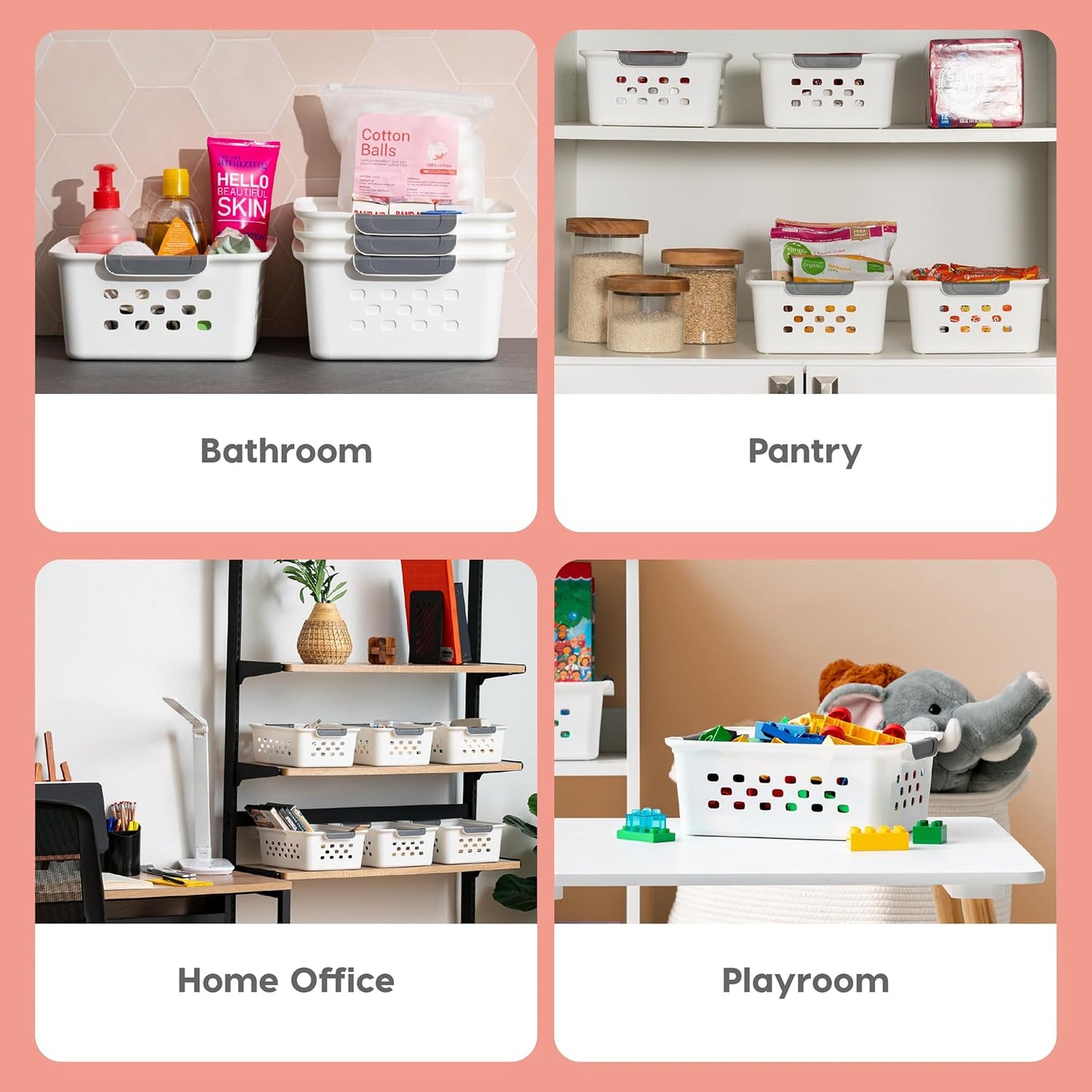 IRIS USA Plastic Basket, 6-Pack, Medium, Shelves Storage Basket for Organizing Pantry, Cabinet, Bedroom, Closet, Laundry Room, Office, White