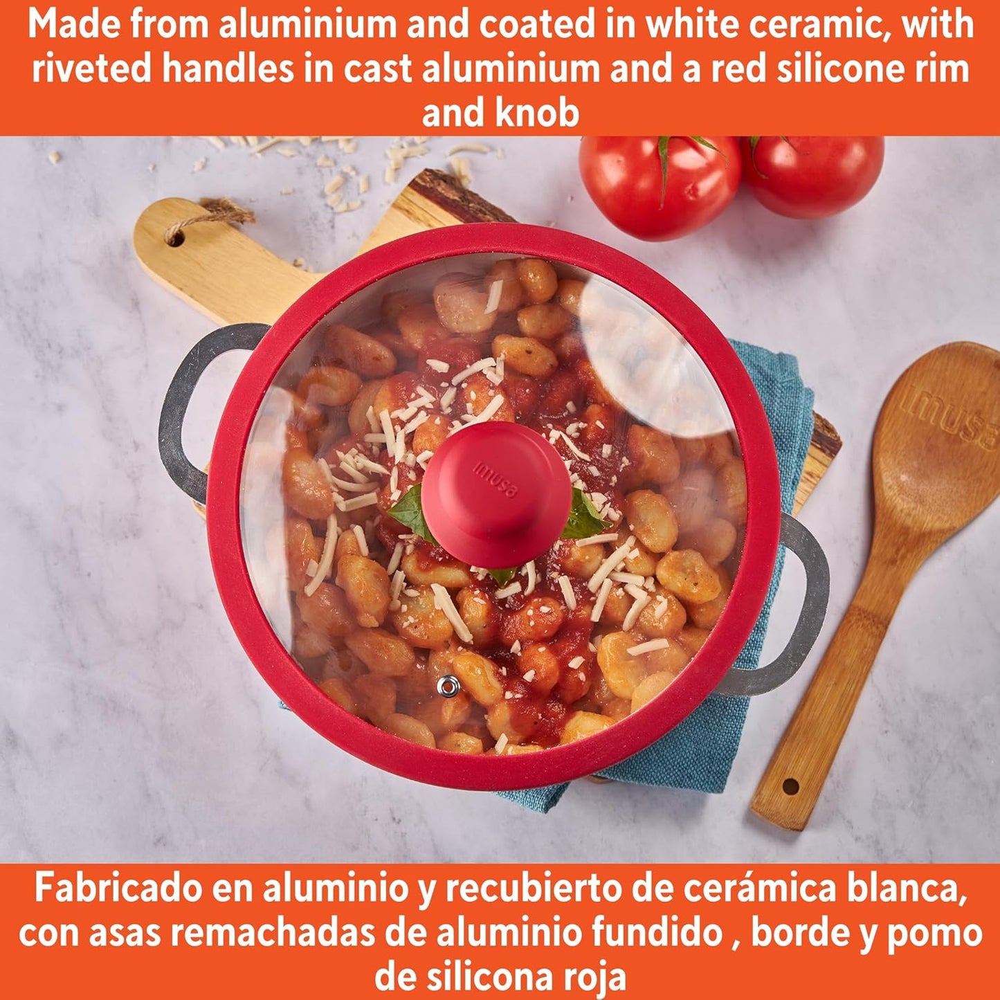 IMUSA 6.9qt Aluminum White Ceramic Caldero with Glass Lid & Silicone Rim, Red