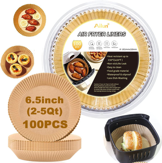 Ailun Air Fryer Paper Liners 6.5inch, 100PCS Non-Stick Parchment Paper,Oil Resistant,Disposable Food Grade Free of Bleach Paper Round for 2-5 QT Air Fryer Baking Roasting Microwave