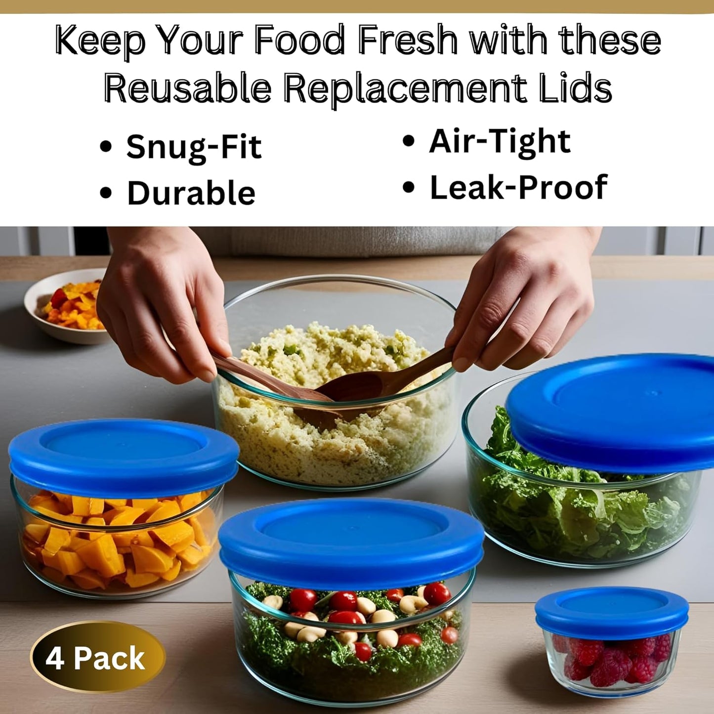 1, 2, 4 & 7 Cup Blue Replacement Lids/Covers for Pyrex, Anchor Hocking & KlareWare Storage Bowls *Lids Only Glass Container Not Included* (4 Pack *One of Each Size*)