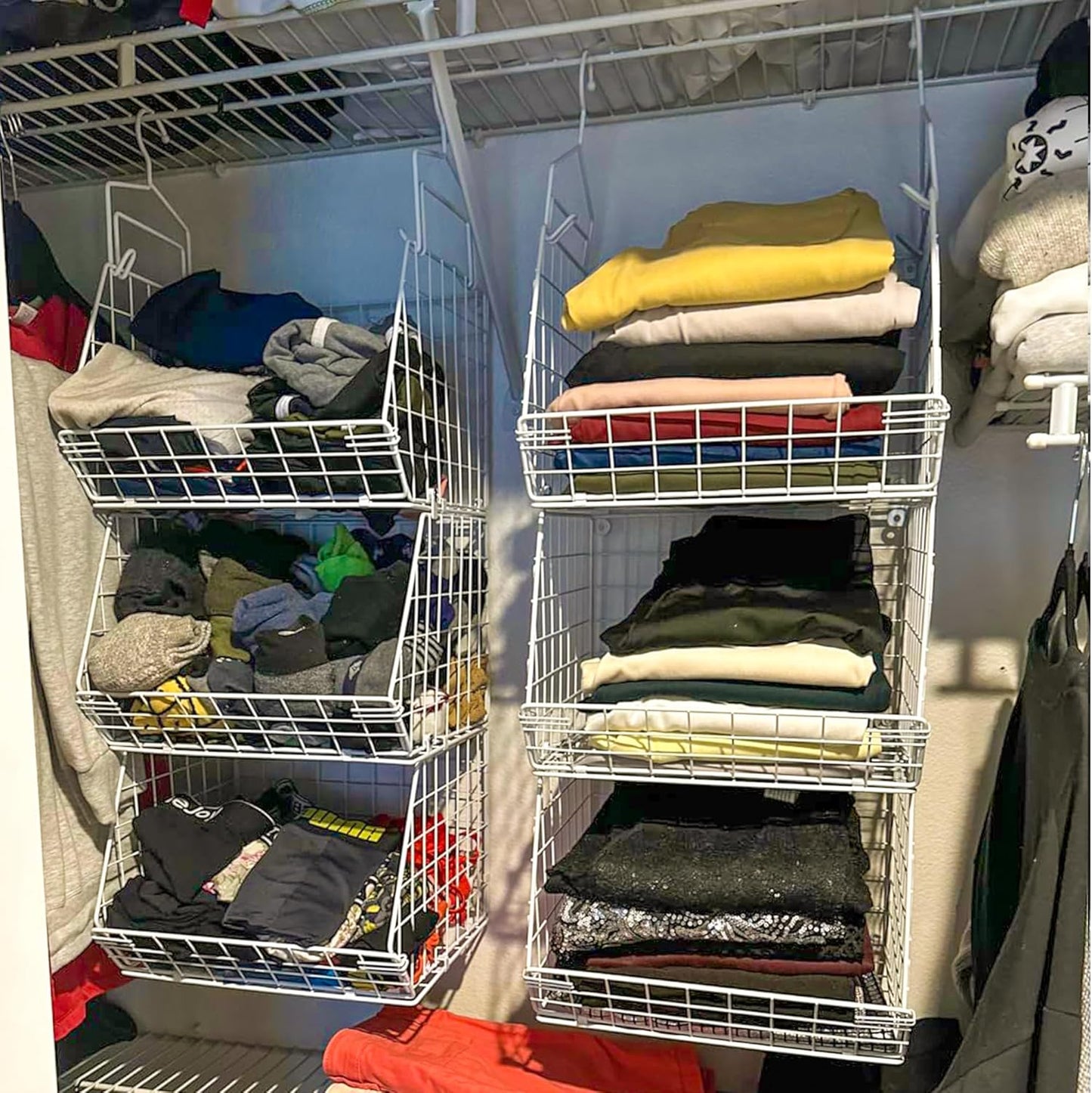 X-cosrack 3 Tier Foldable Closet Organizer, Clothes Shelves with 5 S Hooks, Wall Mount&Cabinet Wire Storage Basket Bins, for Clothing Sweaters Shoes Handbags Clutches Accessories-White Patent Design