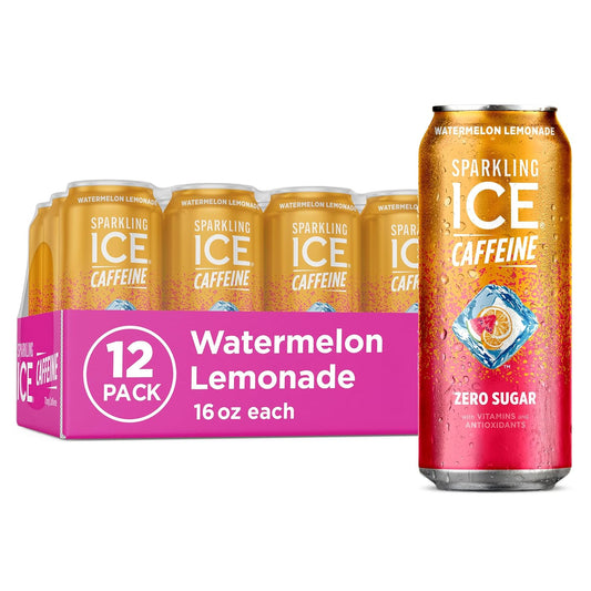 Sparkling Ice Caffeine Watermelon Lemonade Sparkling Water with Caffeine, Zero Sugar, with Antioxidants and Vitamins,16 fl oz Cans (Pack Of 12)