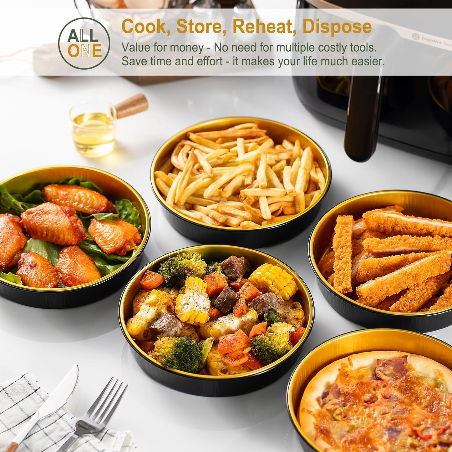 Reusable Aluminum Foil Air Fryer Pans, 20-Pack, 7.1-Inch Diameter, 1.6-Inch Depth, 24.5-Ounce Capacity, Food-Grade, Black & Gold, Thickened for High Temperatures, Dishwasher Safe