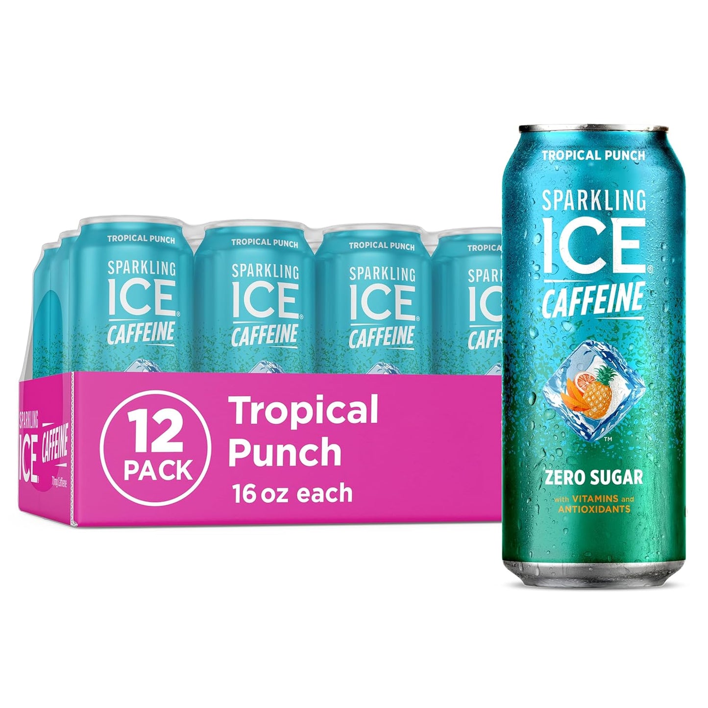 Sparkling Ice Caffeine Tropical Punch Sparkling Water with Caffeine, Zero Sugar, with Antioxidants and Vitamins,16 fl oz Cans (Pack Of 12)