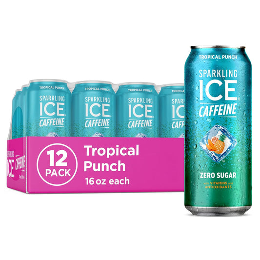 Sparkling Ice Caffeine Tropical Punch Sparkling Water with Caffeine, Zero Sugar, with Antioxidants and Vitamins,16 fl oz Cans (Pack Of 12)