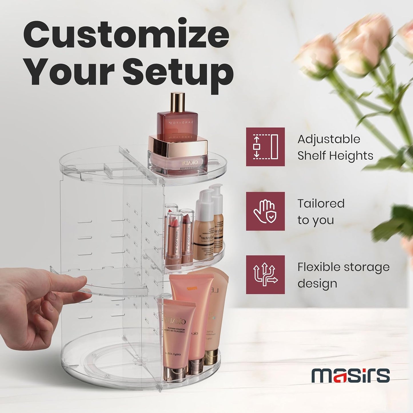 Masirs 360 Rotating Makeup Organizer Countertop - Adjustable Shelf Height - The Perfect Round Spinning Cosmetic Organizer for Bedroom Dresser or Vanity Countertop Storage (Clear)